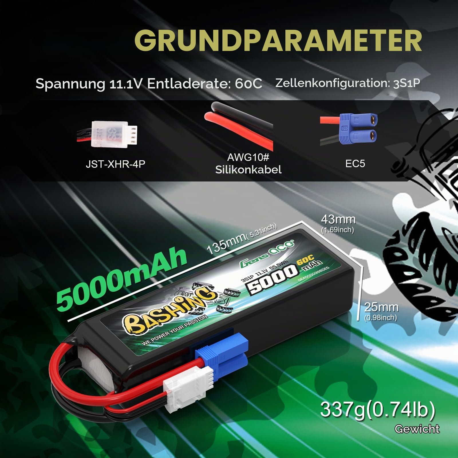 Gens Ace 3S 5000mAh LiPo Akku 11.1V 60C mit EC5 Stecker Bashing Batterie für RC Auto, RC Flugzeug, RC Hubschrauber, RC Hobby