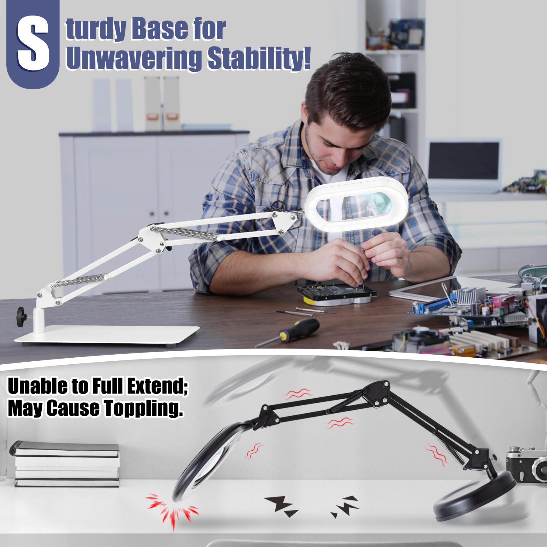 Drdefi Lupa cuadrada con luz y soporte, lupa de cristal real con luz LED, 5 modos de color regulable, lámpara de escritorio manos libres con abrazadera para leer, manualidades, trabajos cercanos