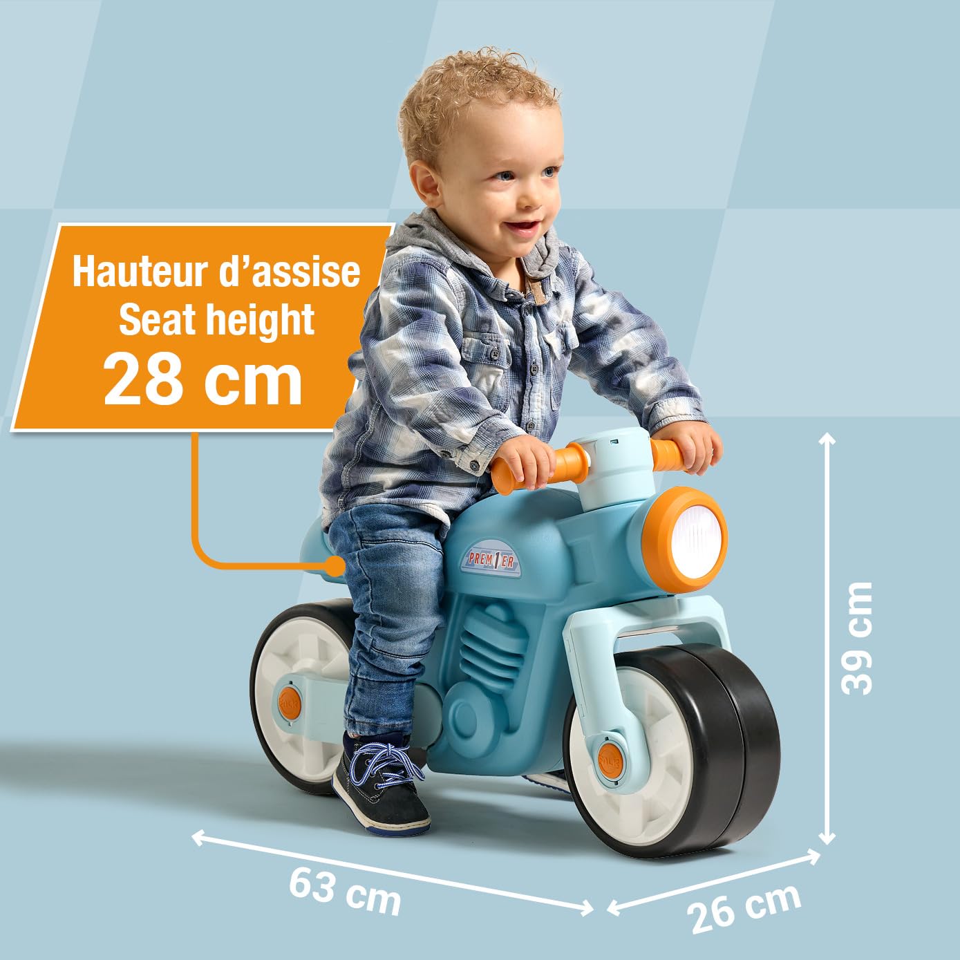 FALK - Draisienne Moto Prem1er - Blu - Ruote extra larghe e silenziose - Manubrio direzionale - Look Vintage - Contiene almeno il 75% di plastica riciclata - Made in France - Da 12 mesi - 452S