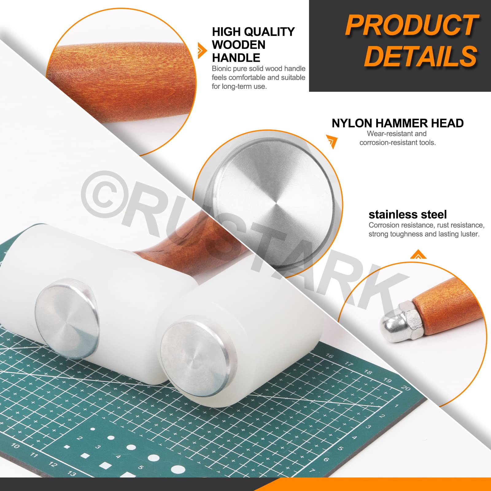 Rustark 3Pcs Nylon Leather Carving Hammer Set Includes T Head Nylon Hammer, Vertical Craft Hammer and A5 Cutting Mat - Image 4