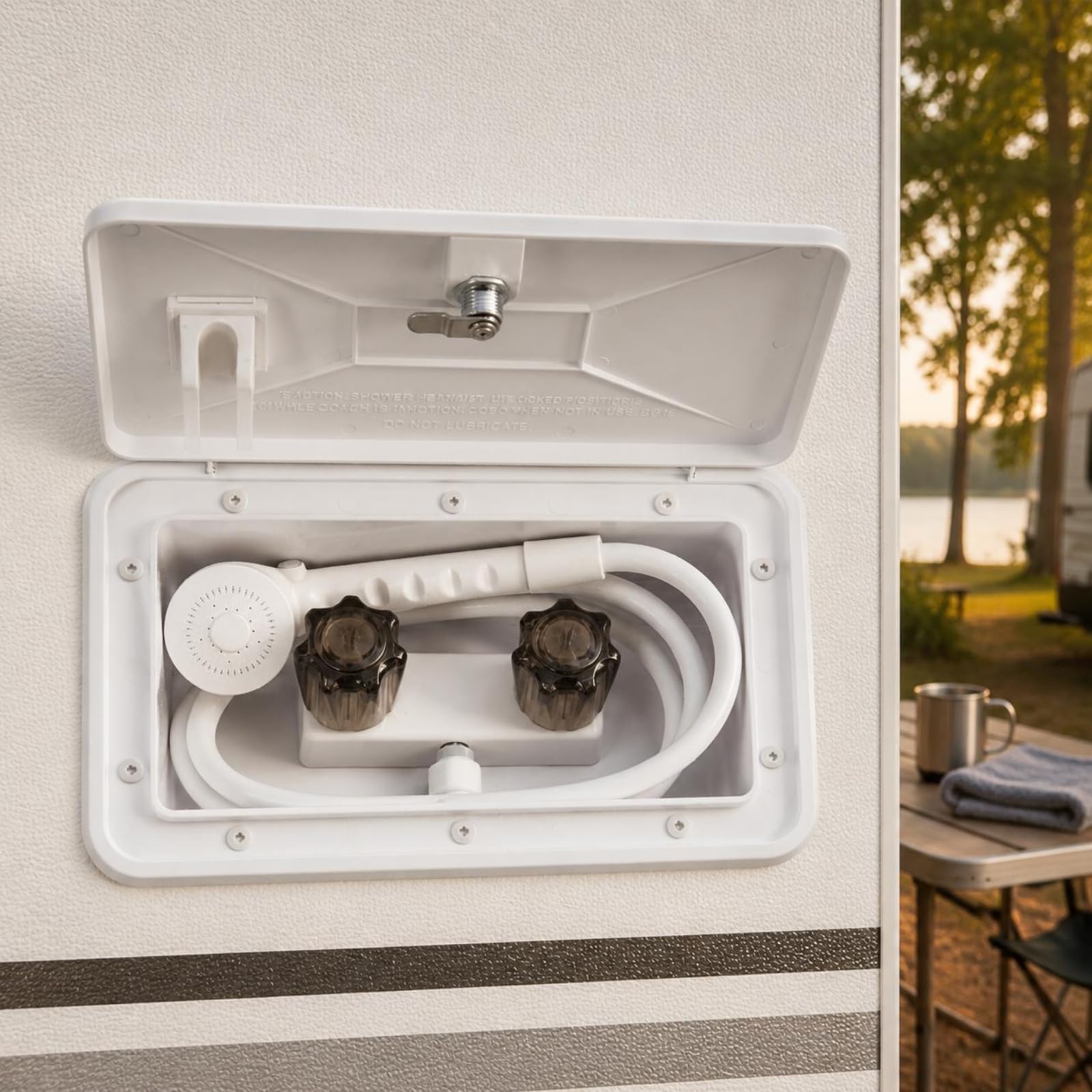 MERIGLARE Outdoor Duschkopf Reisemobil Duschbox Duschset Außendusche mit Temperaturregelung mit Klappabdeckung Und Schlüssel aus für Campingplatz Strand Gartenwaschplatz