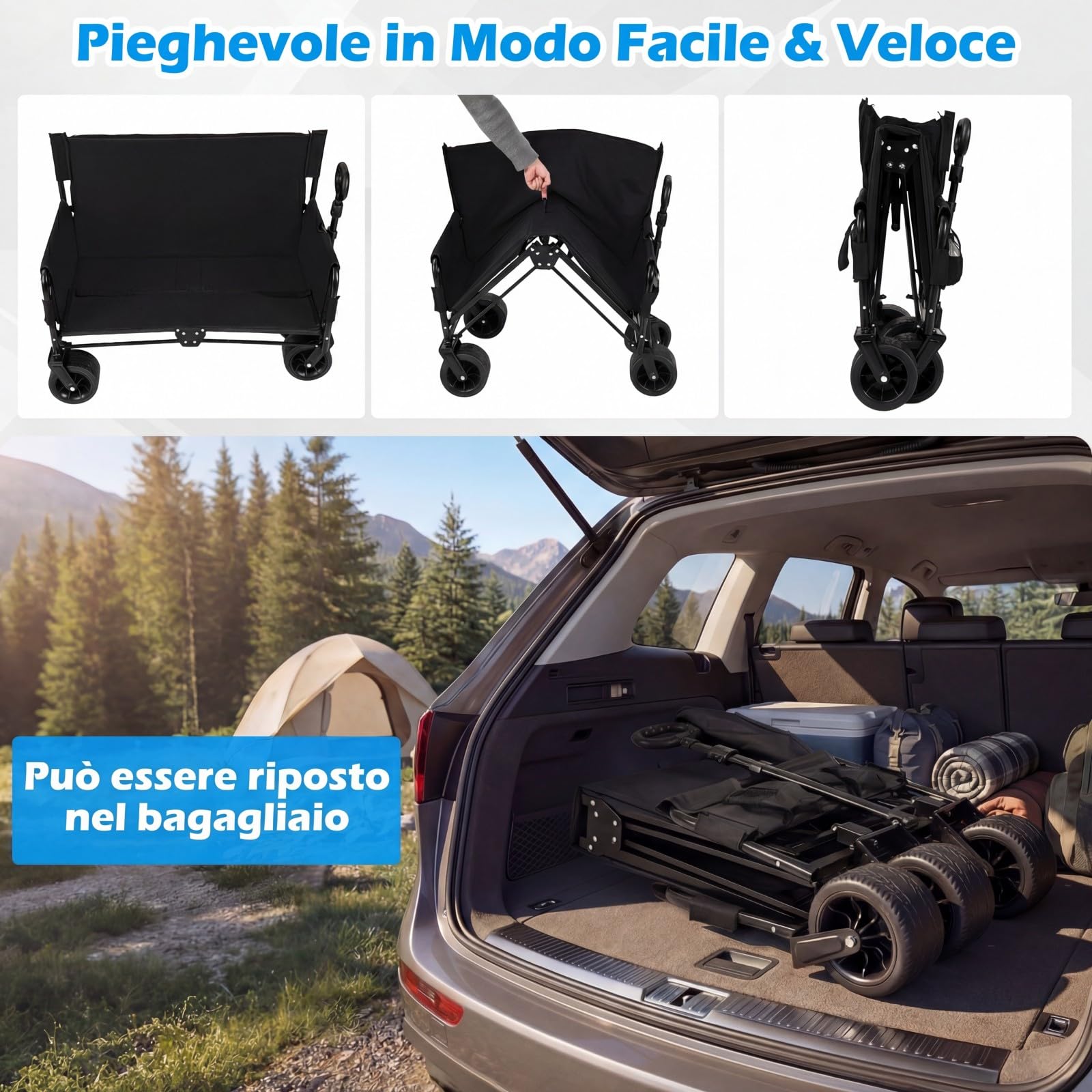COSTWAY 2 in 1 Carrello Pieghevole con Panca, Carrello Trasportabile con Maniglia Regolabile, Cuscini Morbidi e Ruote, Carrello da Giardino in 600D Oxford, 80 kg, 85 L, per Campeggio e Spiaggia (Nero)