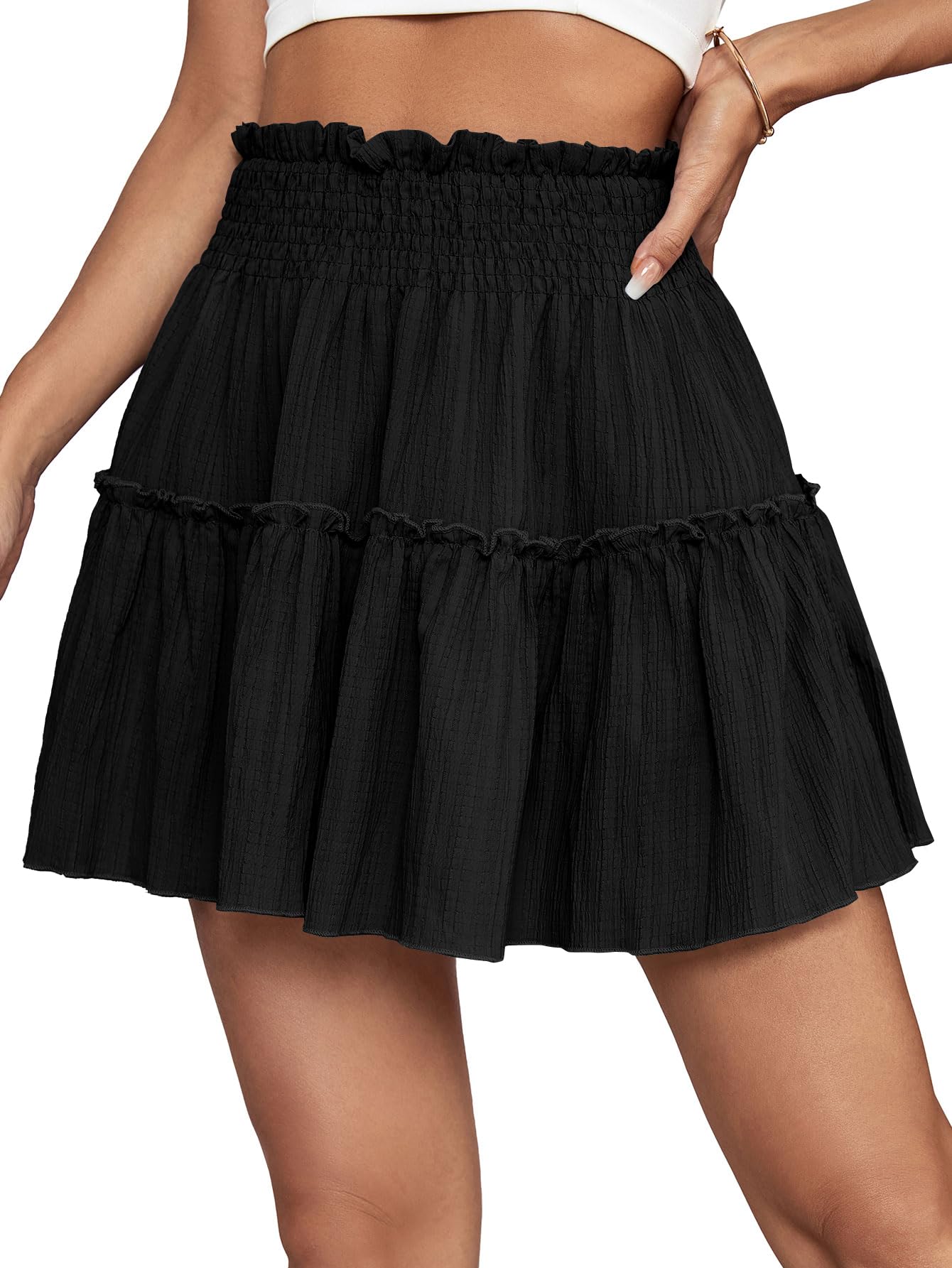 OPOIPIN Womens Summer Cute High Waist Ruffle Skirt Swing Beach Mini Skirt Solid Black Large