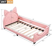 Vista 2 de Sofá cama con cabecero, cámaras en forma de conejo, base de cama de madera con plataforma individual para niñas y niños, bonito sofá cama tapizado