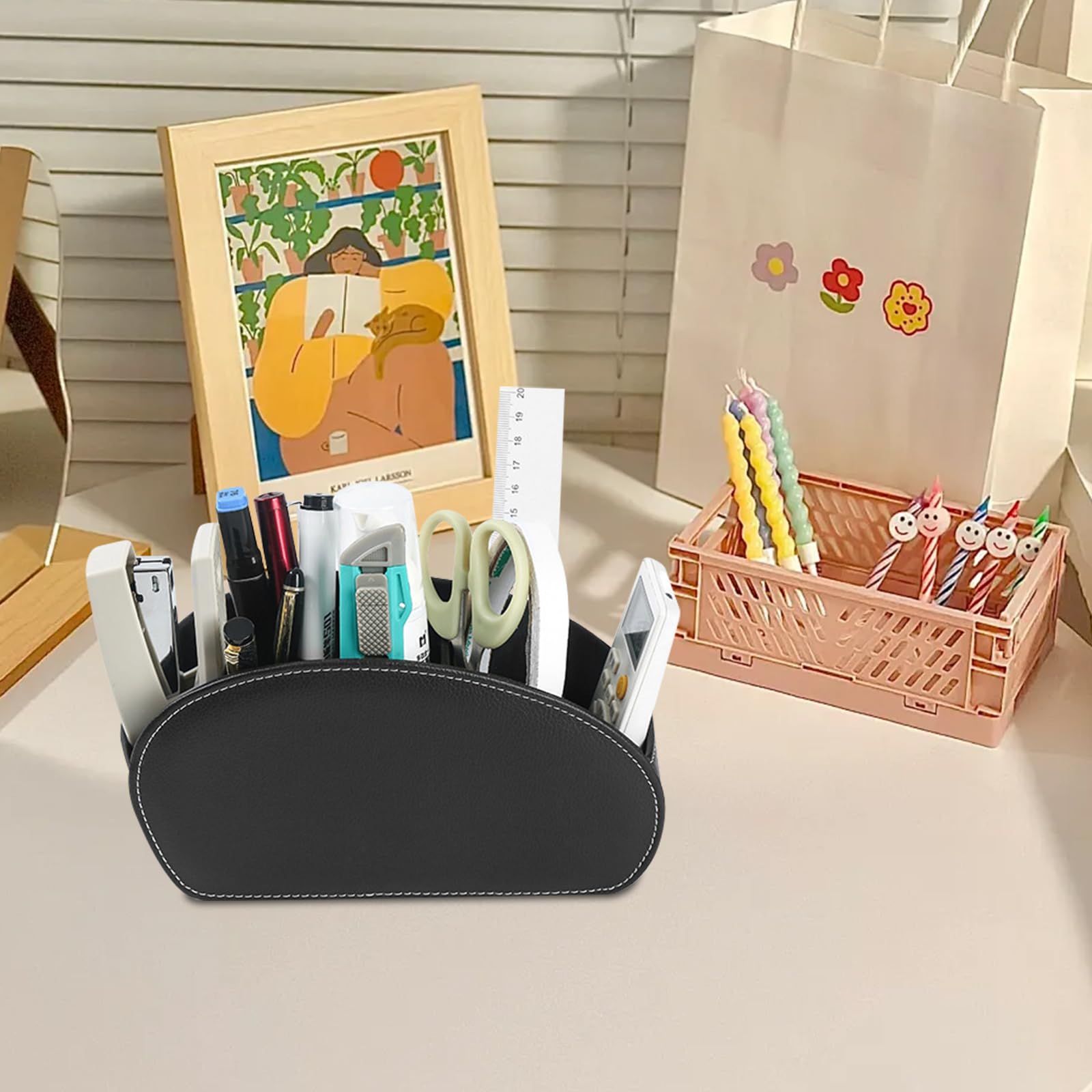 1 supporto per telecomando nero: organizer scrivania con 5 tasche, accessori da scrivania, in pelle PU per telecomandi, cancelleria, quaderni, penne