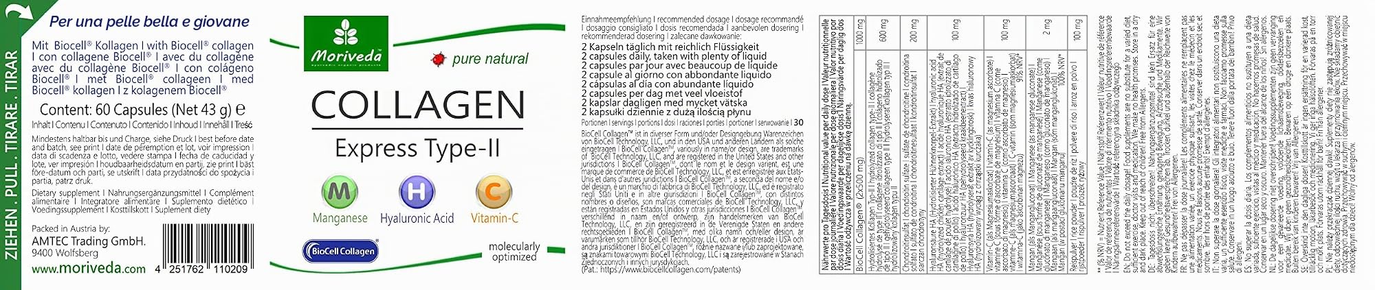 Capsule Collagen Express con collagene biocellulare di tipo II - 2 mesi di fornitura - acido ialuronico, condroitina solfato, vitamina C e manganese -pelle capelli articolazioni-da MoriVeda 2x60 pezzi