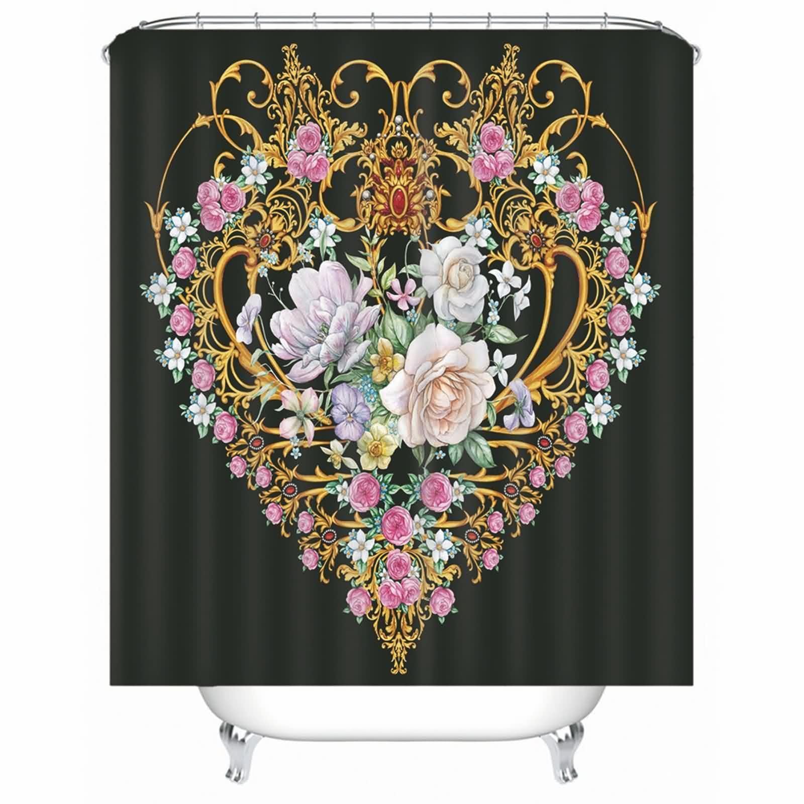 Rideau de baignoire en tissu polyester noir imperméable avec anneaux pour douche anti-moisissure