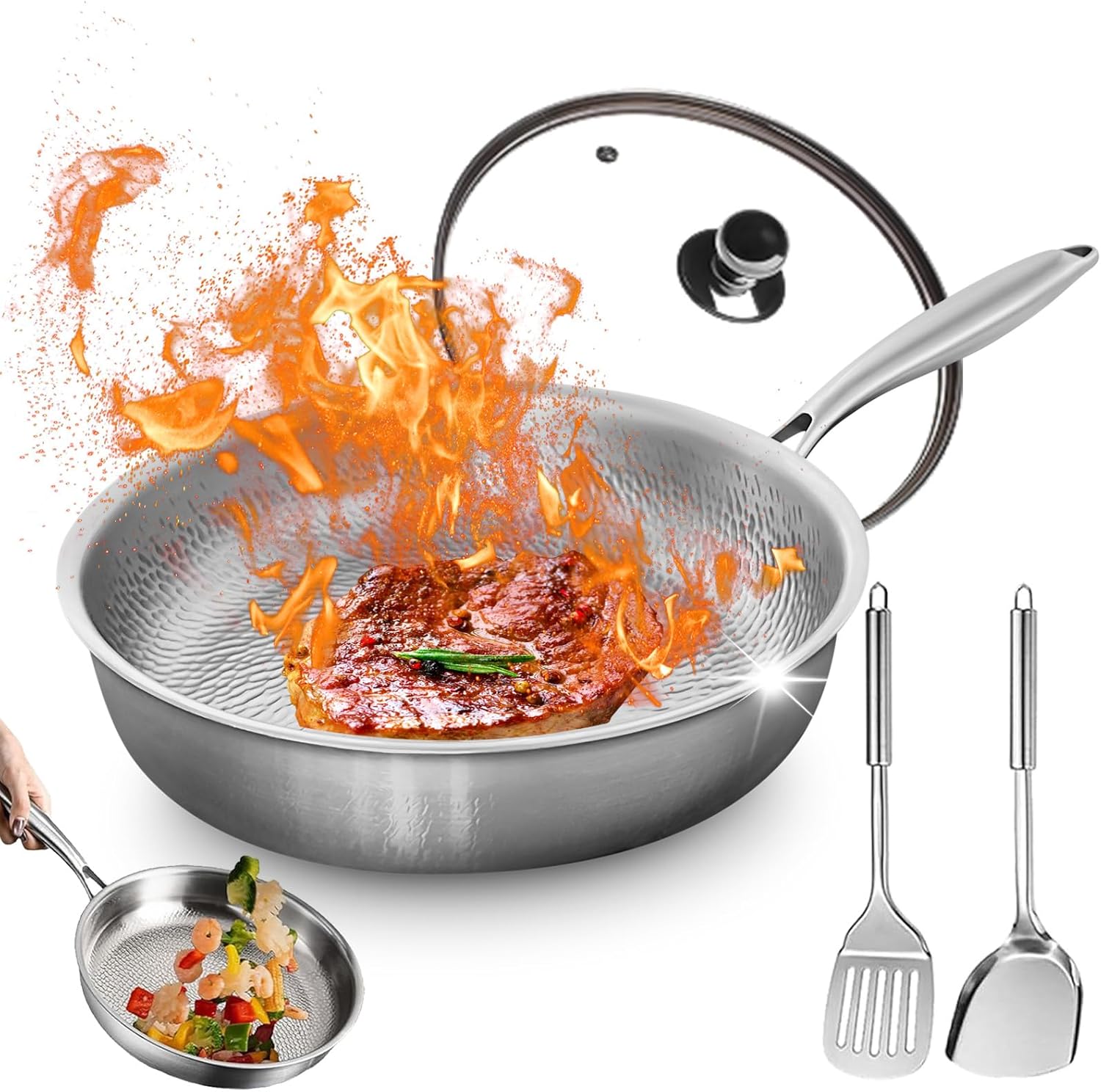 GDSAFS Titanium Pan, 12 Inch Non Stick Titanium Frying Pans for Cooking, 100% Pure Titaniums Pro Cookware without Coating, Dishwasher Safe, up to 750°F, Works on Every Cooktop (11.8inch)