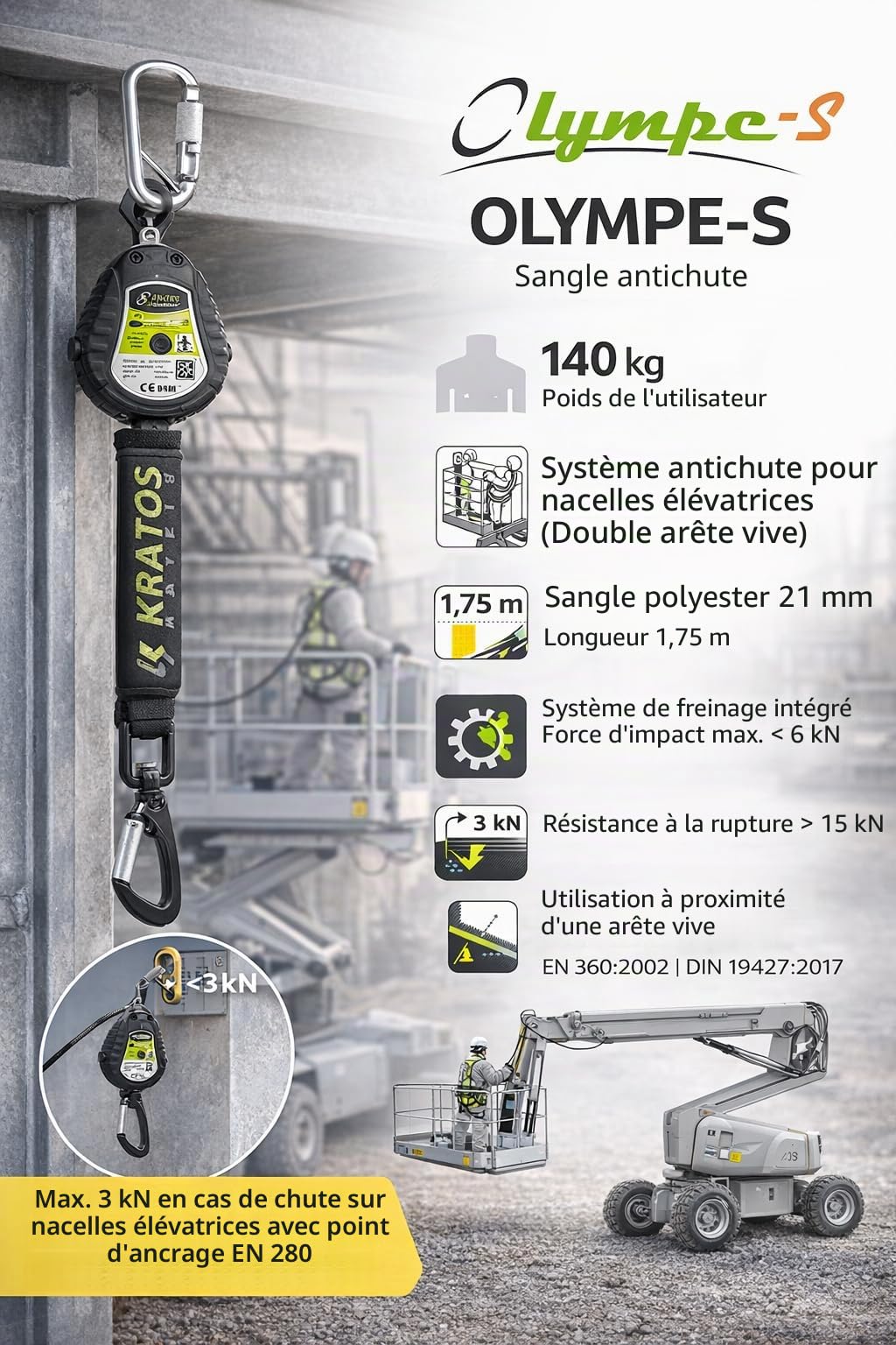 KRATOS SAFETY - Olympe-S Sangle, Antichute à Rappel Automatique LG. 1,75 m - spécial nacelles - 119-FA2050301