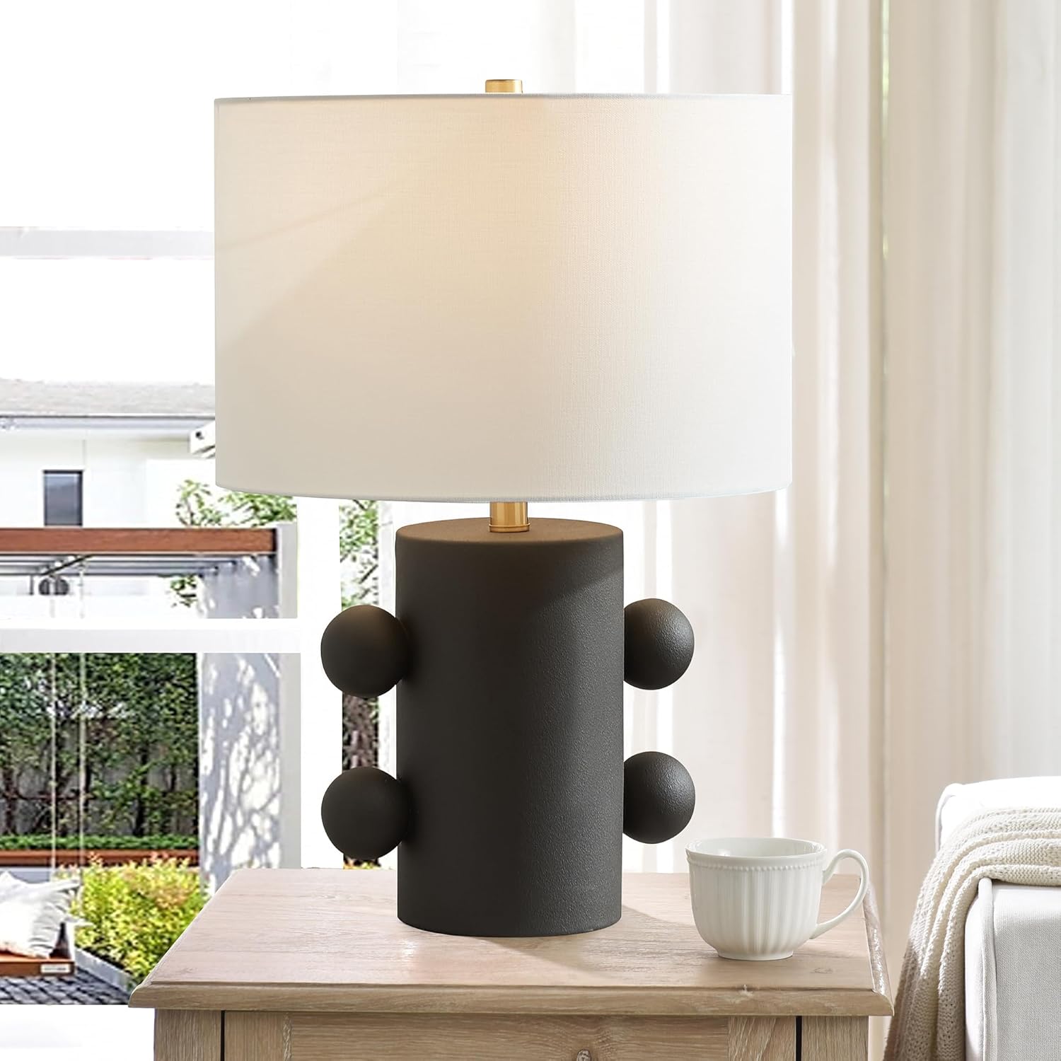 Henn&Hart 20.5" Modern 1-Light Ceramic Table Lamp with White Fabric Drum Shade and Spherical Side Orbs for Living Room, Bedroom, or Office, Flat Black