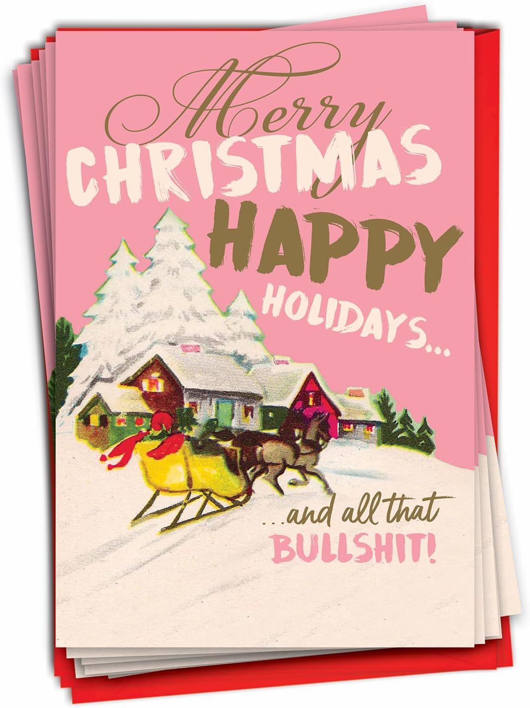 NobleWorks - 12 Funny Merry Christmas Cards (1 Design, 12 Cards) - Adult Humor Notecard Set for Christmas, Boxed Holiday Greetings - Season's Bullsh-t C6693XSG-B12x1