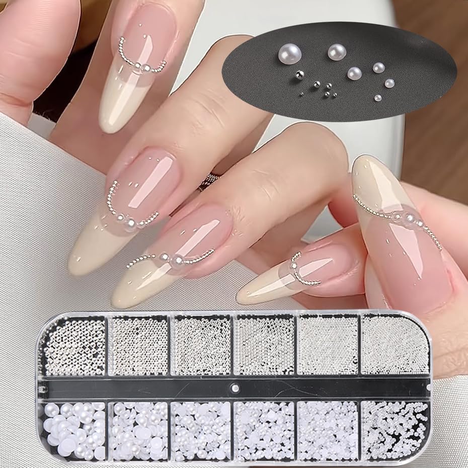 Pearl 3D Nail Charms Rhinestone Silver Beads Multi Design 2Boxes,White Semicircle Pearls Jewelry Silvery Steel Ball Mixed Sizes Nails Decoration,Flatback Diamond Gems Women DIY Nail Ornament