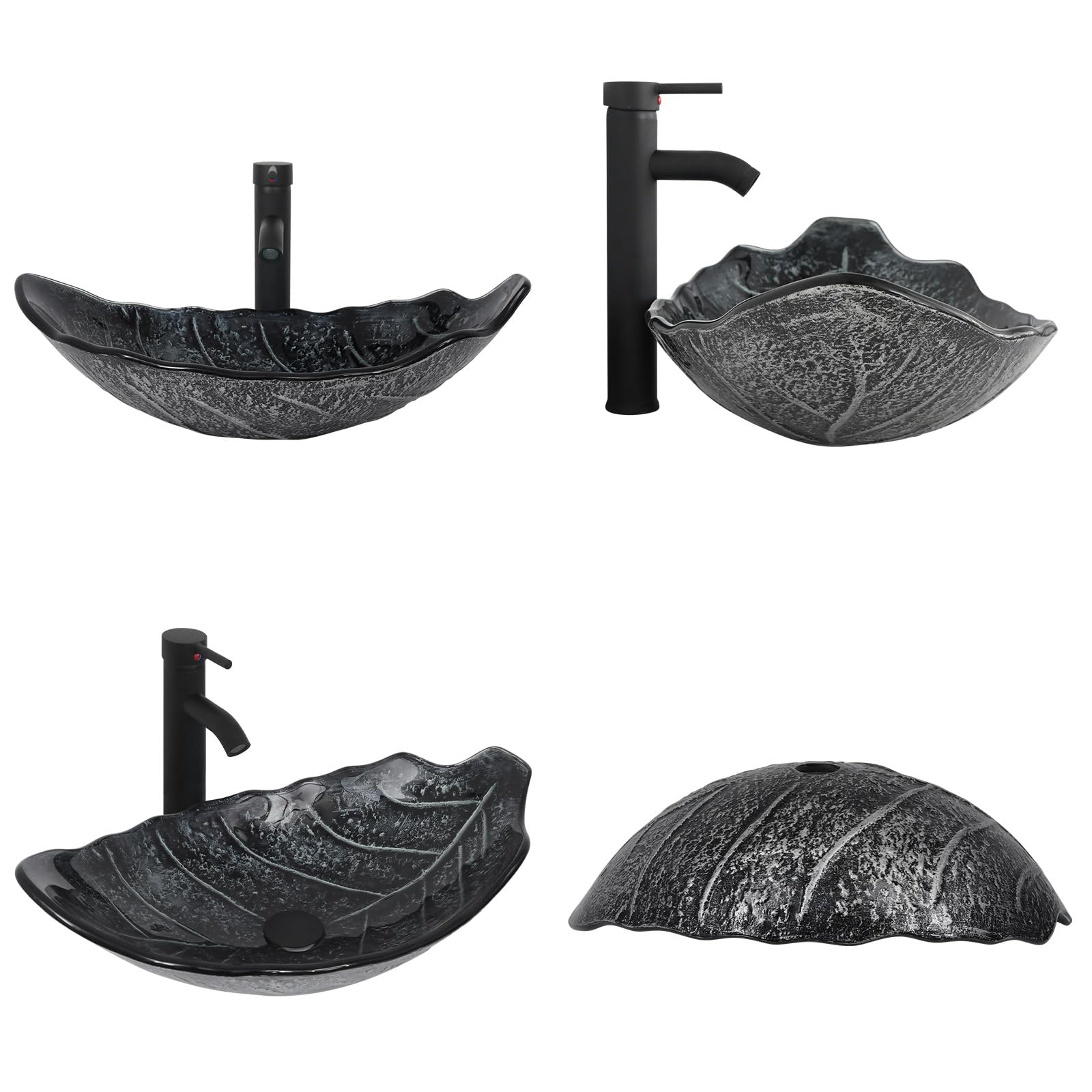 YU YUSING Lavabo Sobre Encimera con Grifo, Lavabo Baño de Cristal 56x34x17 cm, Lavabos de Lujo para Baño, Cocina, Aseo de Invitados, Tocador, Moderno Gris Plata, Forma de Hoja