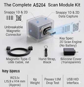 Arkscan AS204 mini USB-C Barcode Scanner for Android and iPhone with USB-C, Auto Sensing Plug & Play w/o Pairing, Support for Windows, Mac, Android, Linux and Chromebook