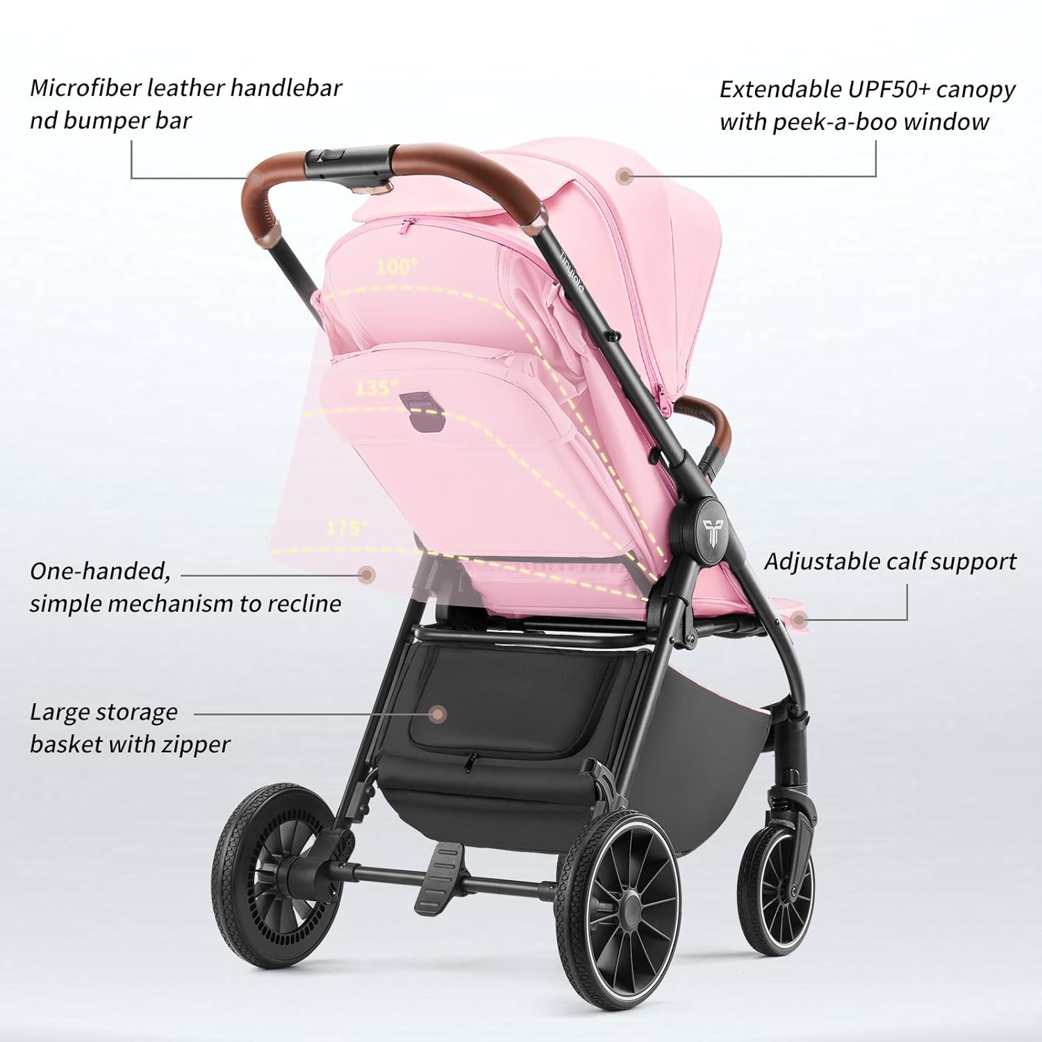 Tinyiota All-Terrain Baby Stroller, 48.5lb Capacity with UPF 50+ Canopy, One-Hand Fold, Microfiber Leather Handle,Near Lie-Flat Mode for Newborn to Toddler (Hot Pink)