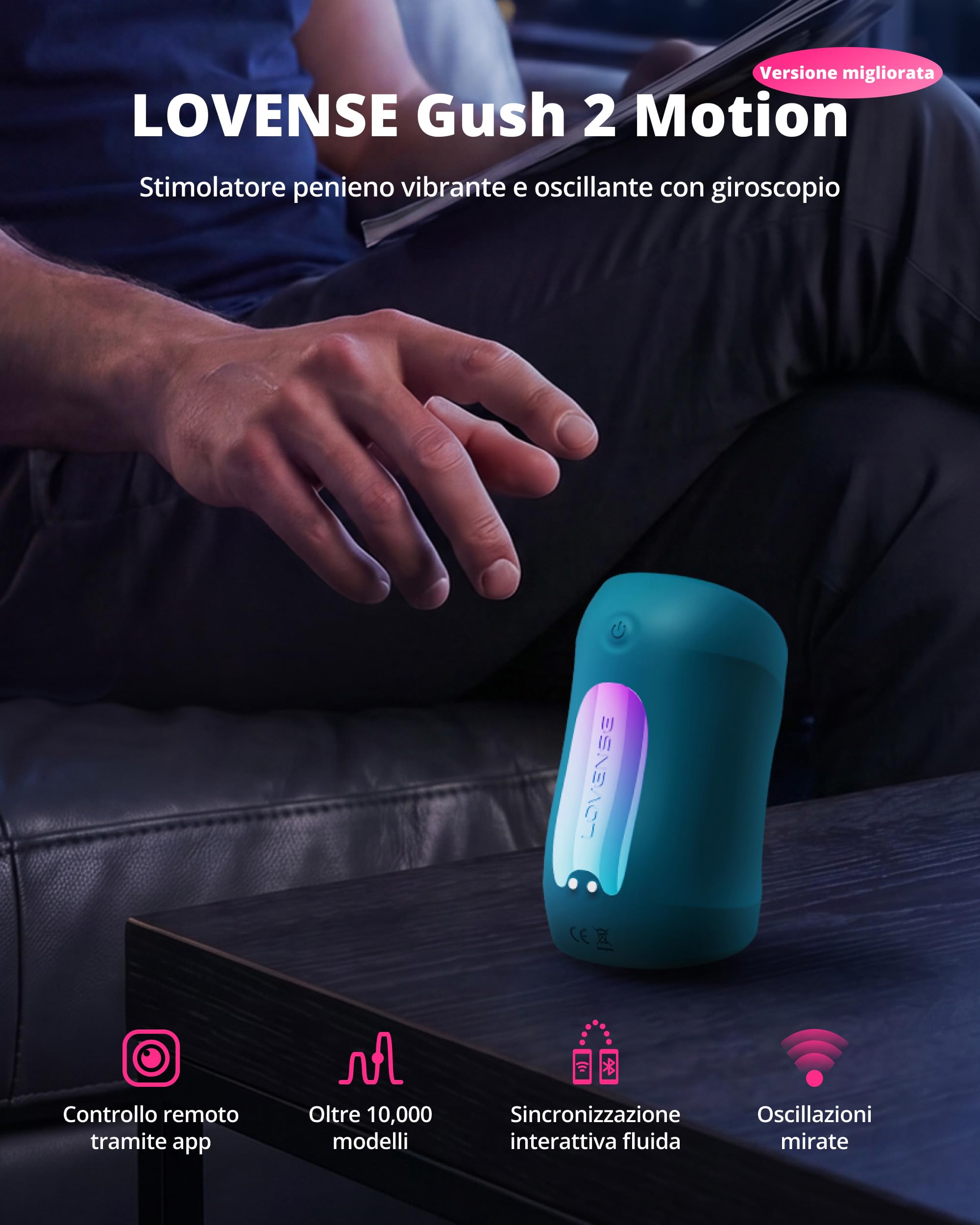 LOVENSE Gush 2 Motion Masturbatore Uomo, Anello Vibrante con App | Masturbatore maschile automatico e vibratore per uomo, oscillazione al movimento, stimolo del frenulo, app, senza mani, IPX7