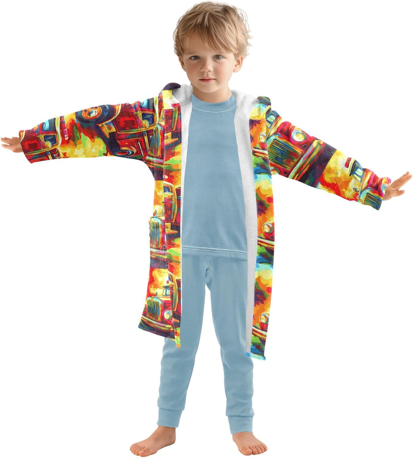 Fire Engine Truck Doodle Bathrobe Hooded PJ Robe Plush Fleece Robe Pajama Sleepwear 2-12 Years
