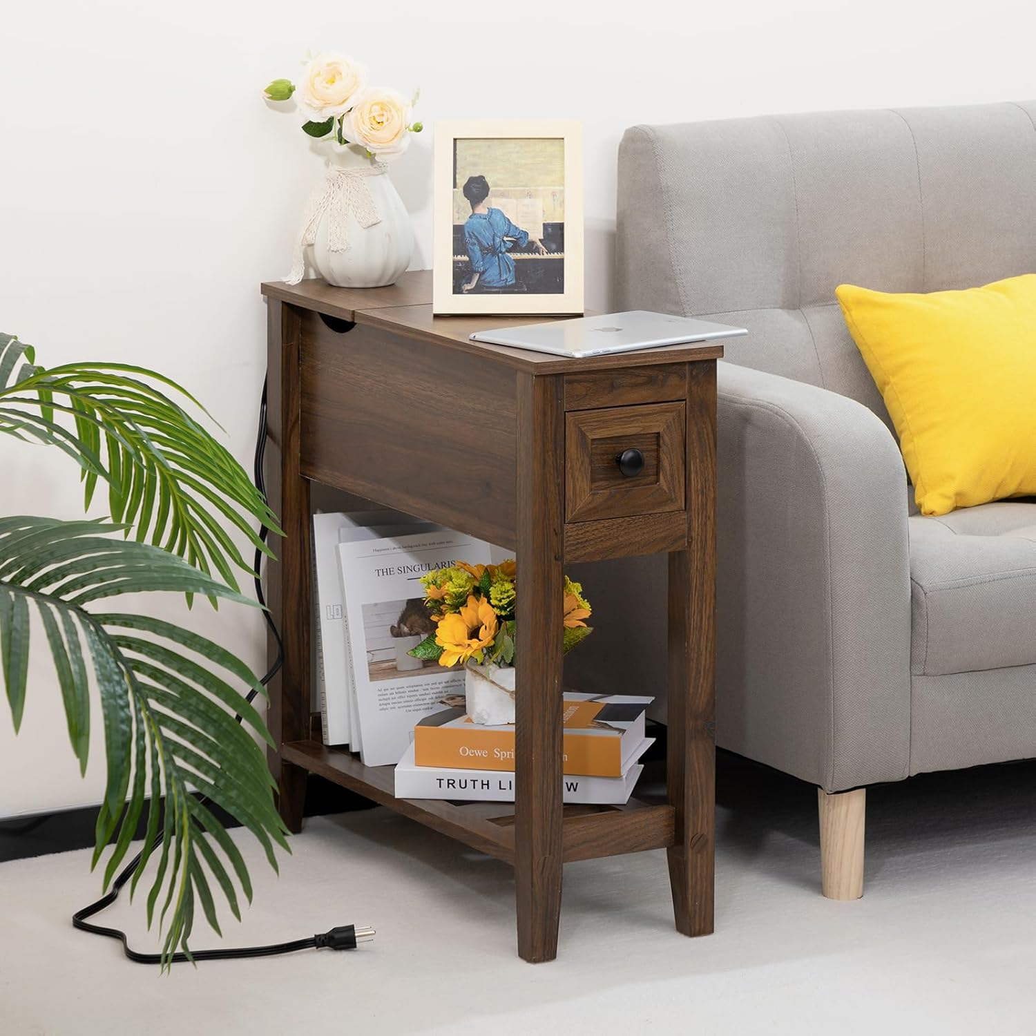 End Table with Movable Top and Charging Station, Narrow Side Table with Storage Cabinet and USB, Sofa Table for Living Room Bedroom