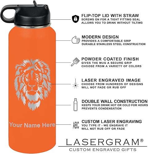 Vista 176 de LaserGram Botella de agua personalizada, palitos de lacrosse, acero inoxidable de doble pared aislada al vacío con popote superior, regalo grabado