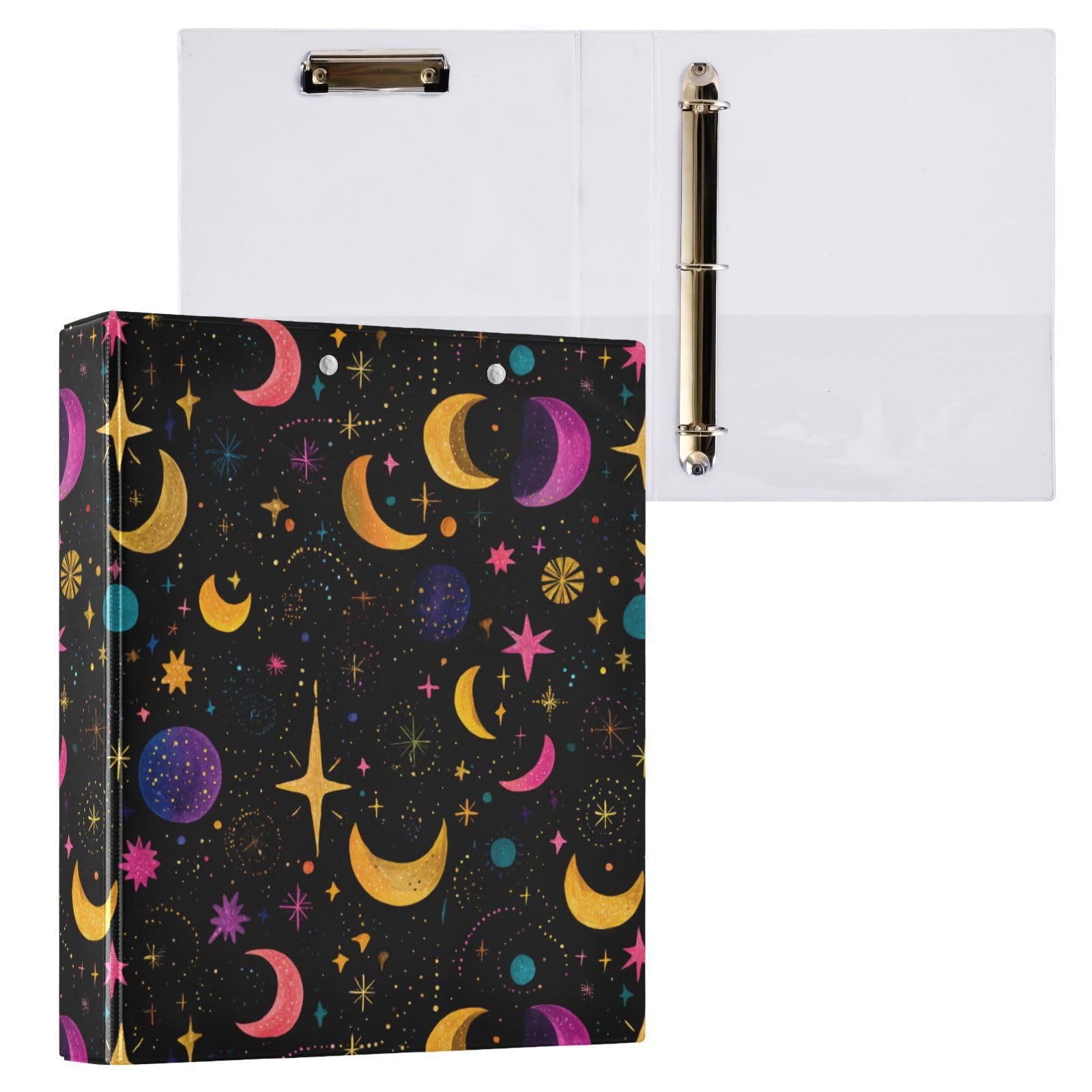 Kcldeci Raccoglitore a 3 anelli con copertina rigida per carta formato lettera, stelle colorate lunari, anelli rotondi da 3,8 cm, organizer per scuola/ufficio, confezione da 2