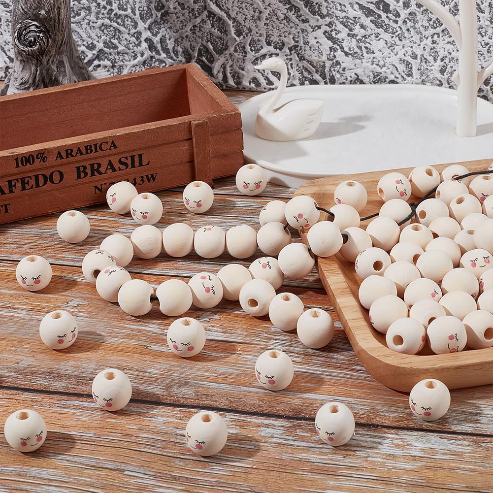 GORGECRAFT 100Pcs Smile Face Wood Beads 18mm Circle Wooden Beads Loose Round Spacer Ball Beads with 5mm Hole Smiling Face Doll Head Beads for DIY Craft Jewelry Making Christmas Garland Decorations