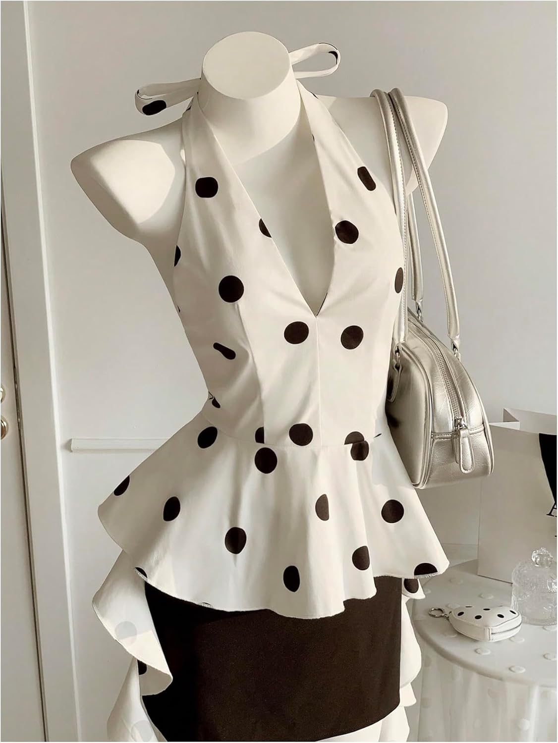 MakeMeChic Women's Polka Dots Halter Top Tie Open Back Sleeveless Summer Y2k Peplum Tops - Image 2