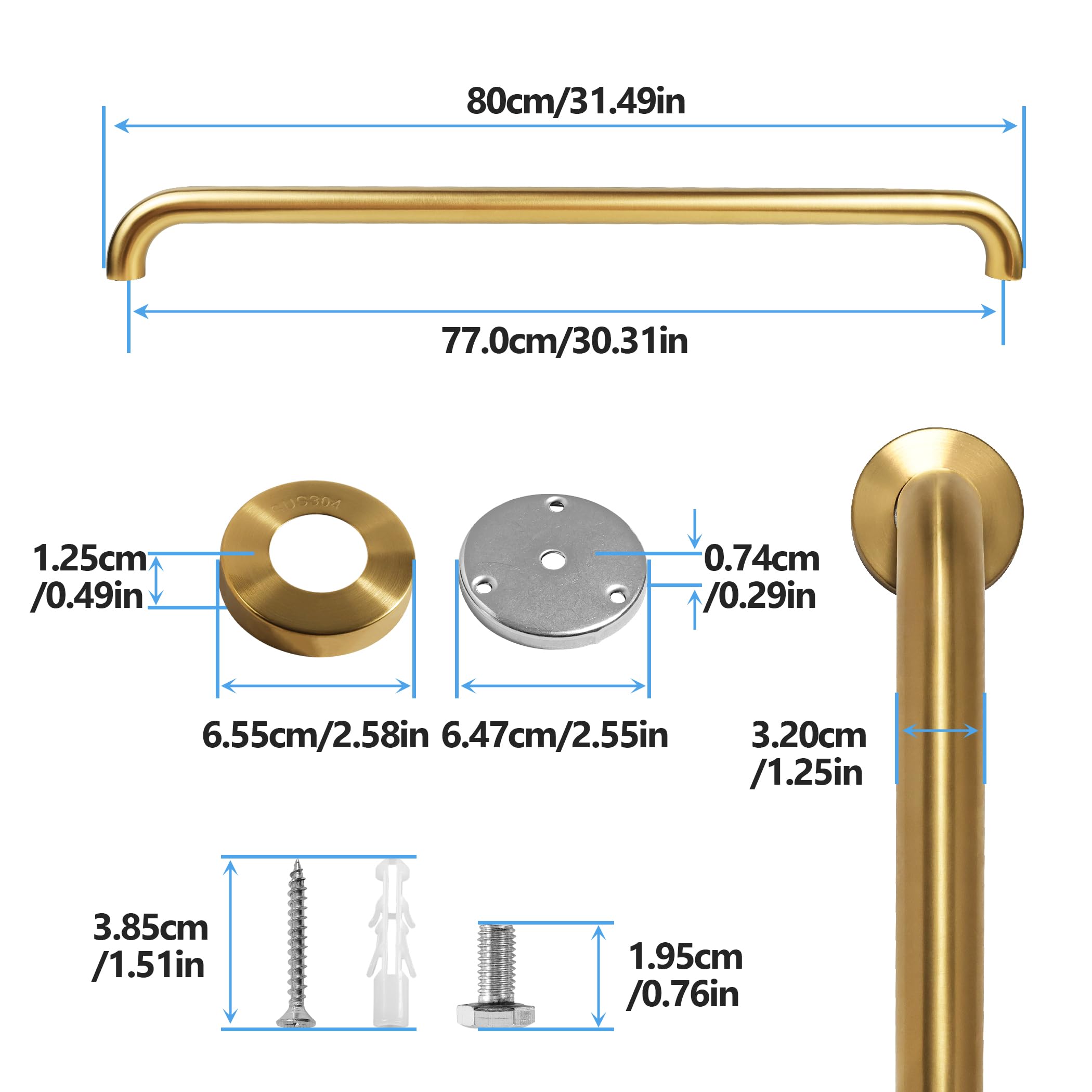 Chwytak prysznicowy, 2-pak 82 cm, złoty drążek bezpieczeństwa do łazienki, średnica 3,2 cm, uchwyt ze stali nierdzewnej 304, do wanien i pryszniców, uchwyt prysznicowy dla seniorów