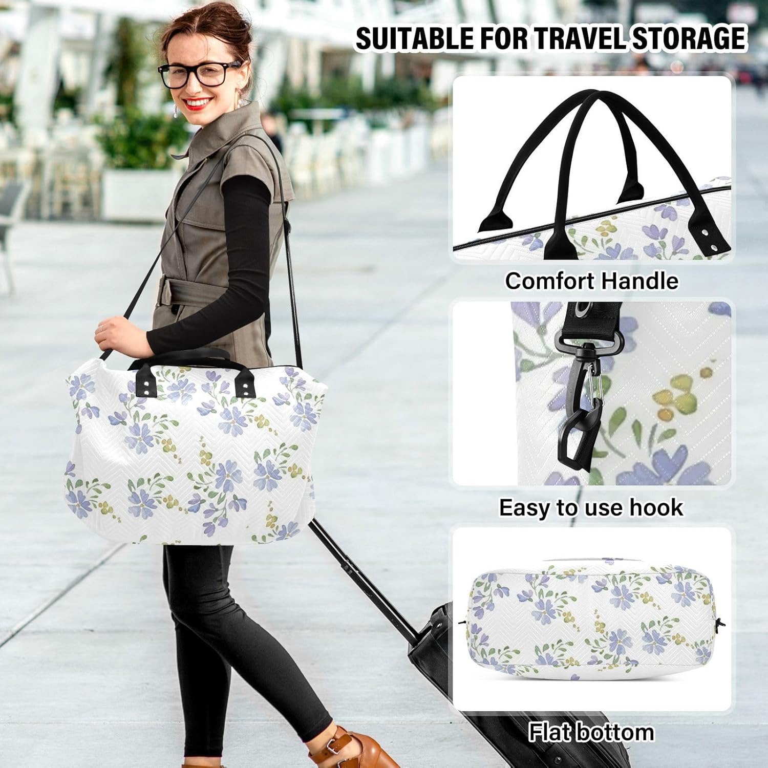 White Fresh Cute Little Flower Duffel Bag Large Carry On Bag Sports Gym Bag with Toiletry Bag for Airplane Traveling Large Capacity