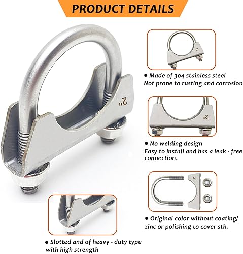Miniatura 3 de Pernos en U de 2 pulgadas de ancho, resistente, acero inoxidable 304, silenciador, abrazaderas de perno en U para tubo de escape de 2 pulgadas de