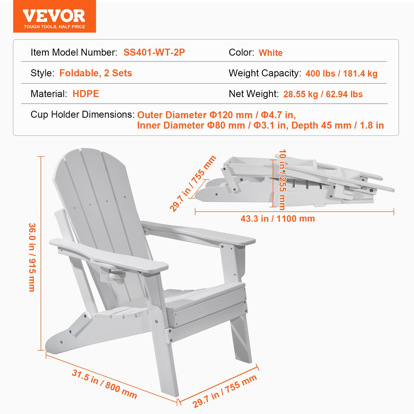 VEVOR 2 Juegos de Sillas Adirondack de Plástico Plegables y Portátiles de 800 x 755 x 915 mm para Exteriores, con Portavasos, Reposabrazos Relajante y Ergonómico para Jardín, Patio Trasero, Blanco