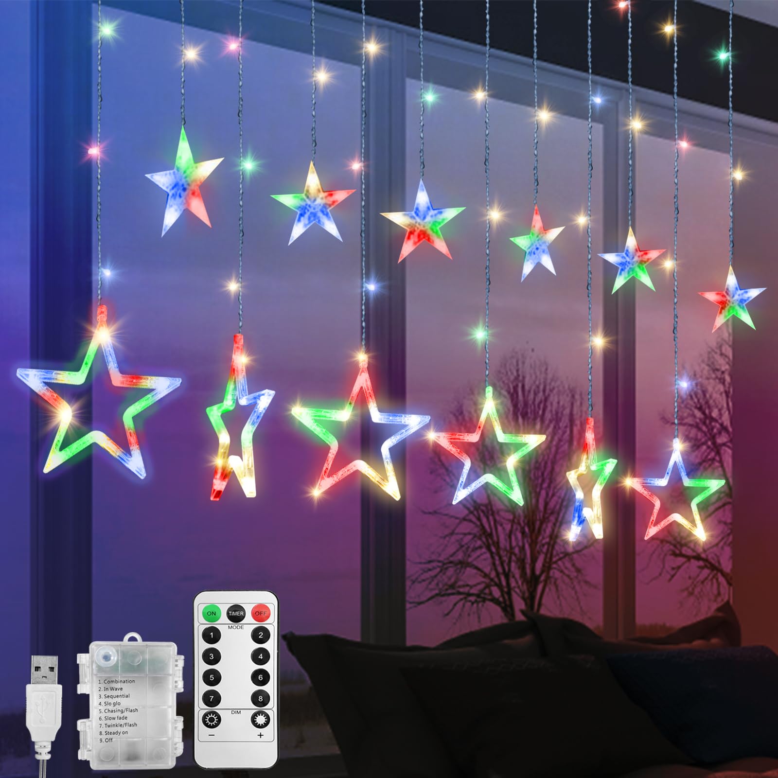 Jsdoin Christmas LED Stars Curtain Lights,12 Stars 138 Window Curtain String Lights with 8 Flashing Modes Decoration for Wedding, Party,Wall, Home Decorations,USB/Battery Powered (Multicolour)