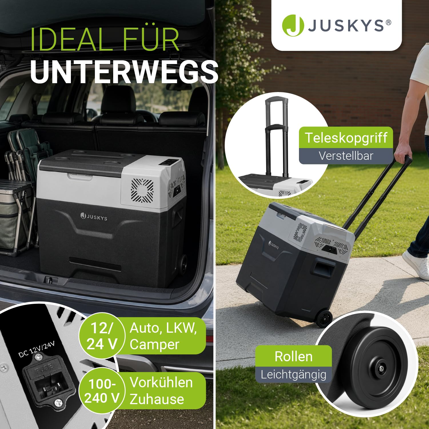 Juskys Kompressor Kühlbox 50 Liter 12/24/230 V für Auto, LKW, Reisemobil, Camping - Mini Kühlschrank kalt & warm - Kompressorkühlbox Steckdose - Grau