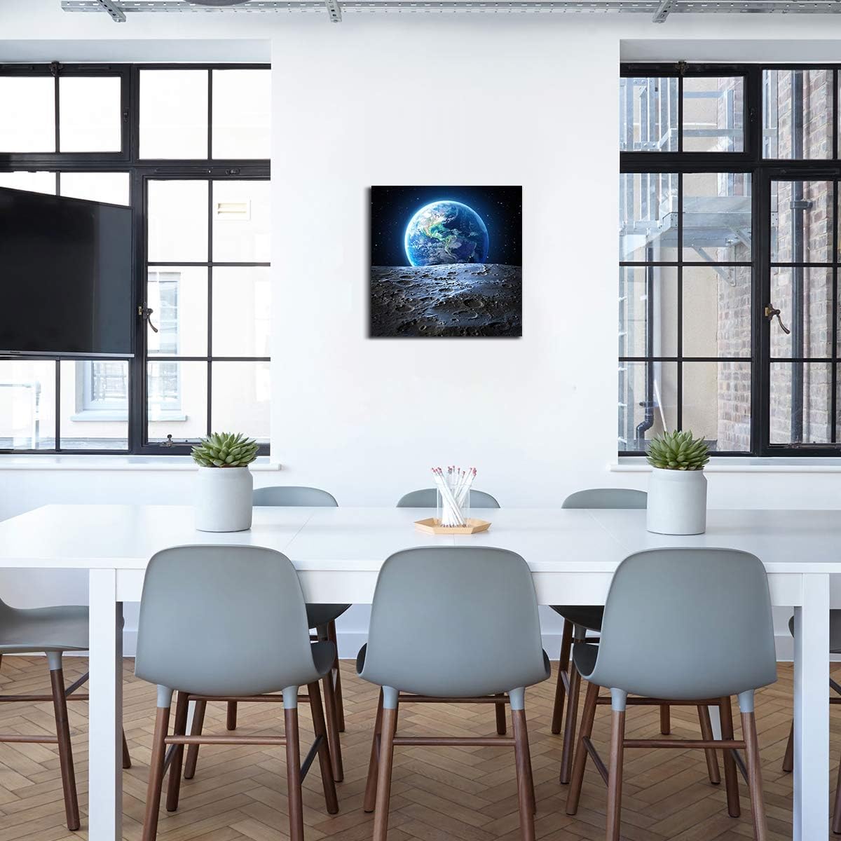 Earth Poster Canvas Wall Art - Earthrise from the Moon Outer Space Painting Home Office Universe Decor Framed Art Print Modern Pictures for Living Room Bedroom Decoration 12x12inch Ready to Hang