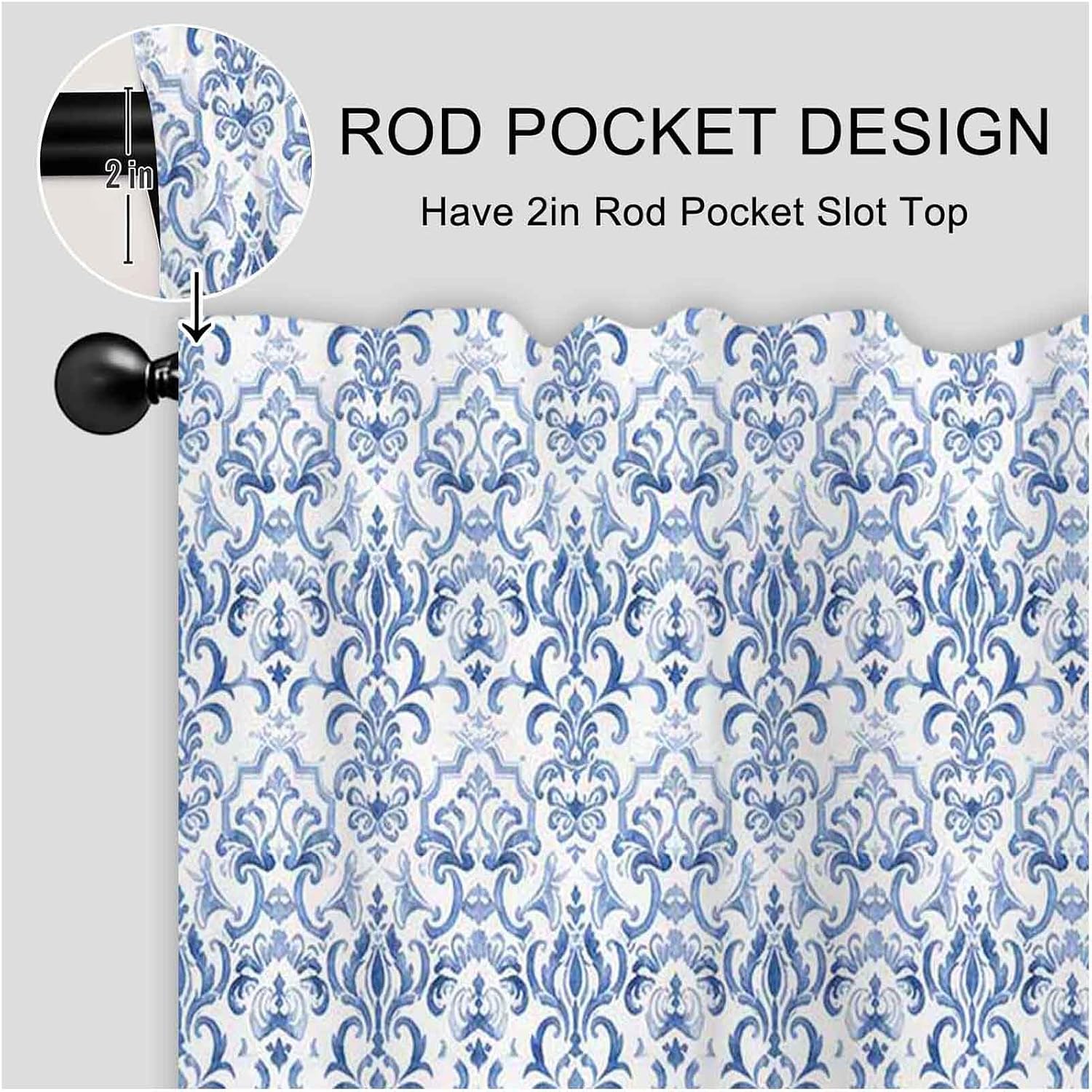 26x36Inch Blue White Vintage Floral Print Kitchen Tiers Curtain Polyester