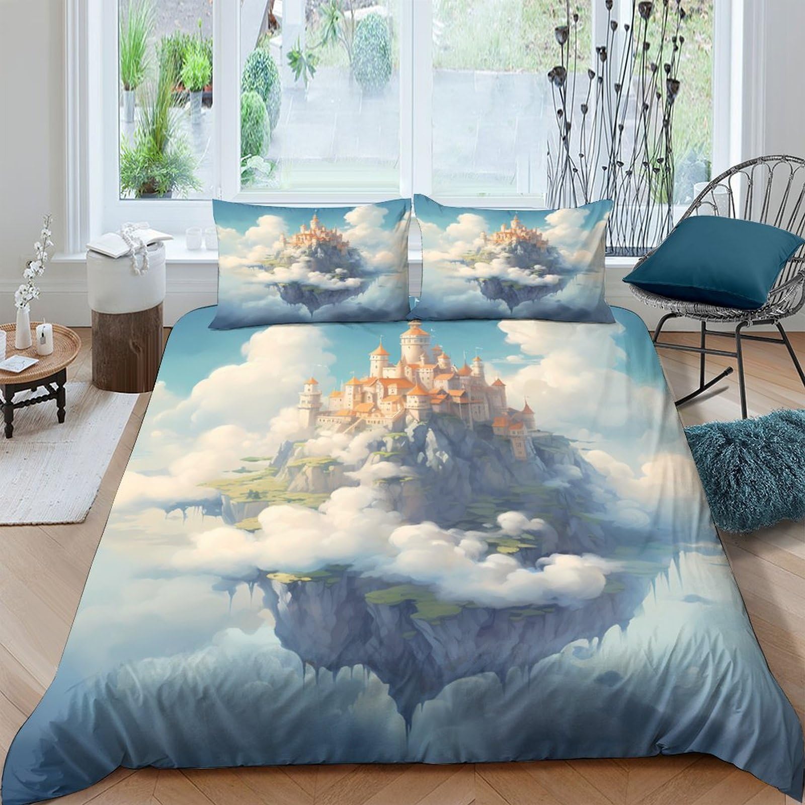 Ctjqhvkz Style-10 3D Printed Floating Castle Fitted Sheet Microfiber Cloud Island Bed Cover Bedroom Dorm Mattress Protector Decor Single（135X200cm）
