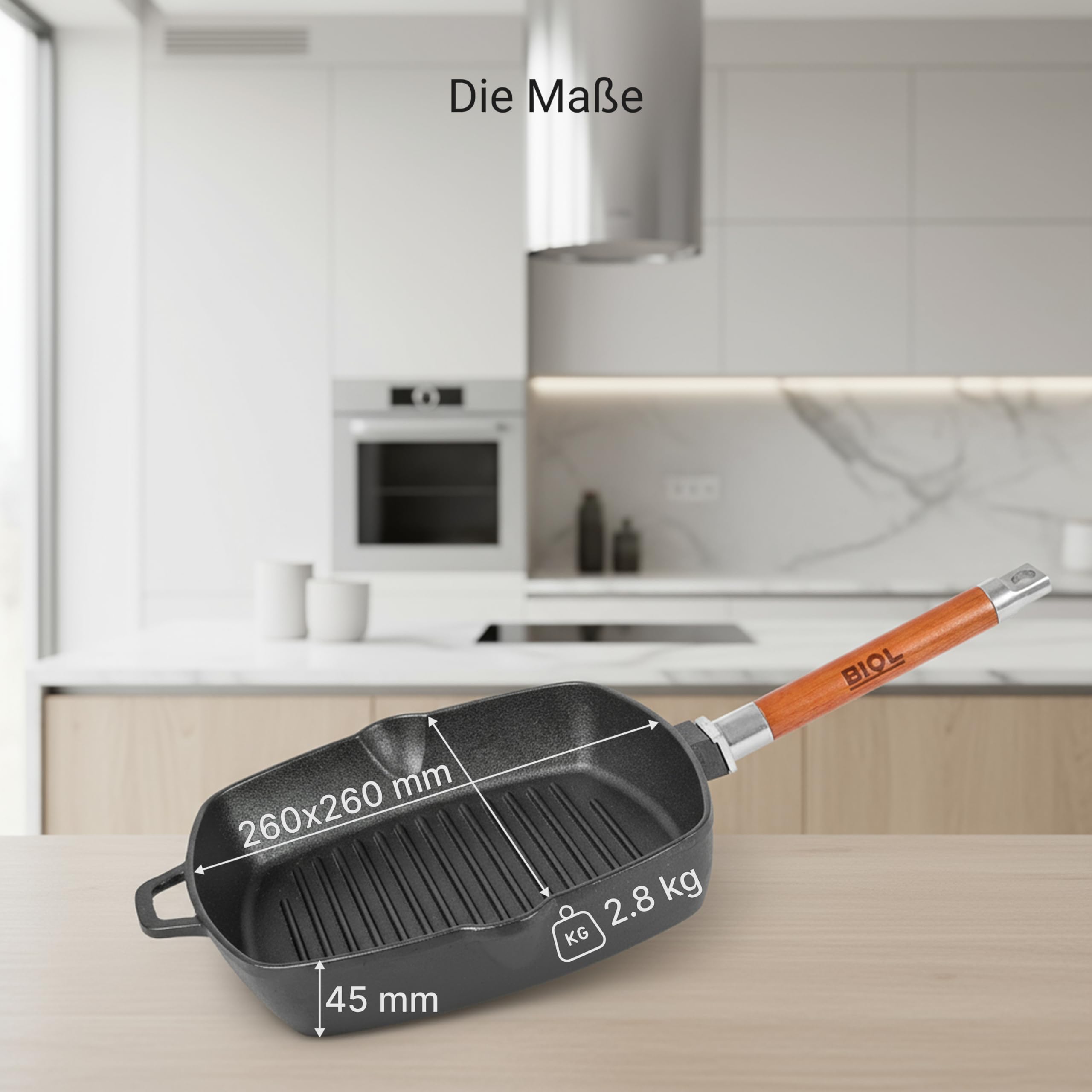 BIOL Grillpfanne 26x26 cm aus emailliertem Gusseisen – Gusseisen Grillpfanne Induktion mit abnehmbarem Holzgriff, quadratische Steakpfanne, ohne PTFE