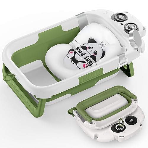 Miniatura 10 de Bañera plegable para bebé, bañera ligera para bebés a niños pequeños con cojín suave y termómetro, bañera portátil para bebés recién nacidos a niños