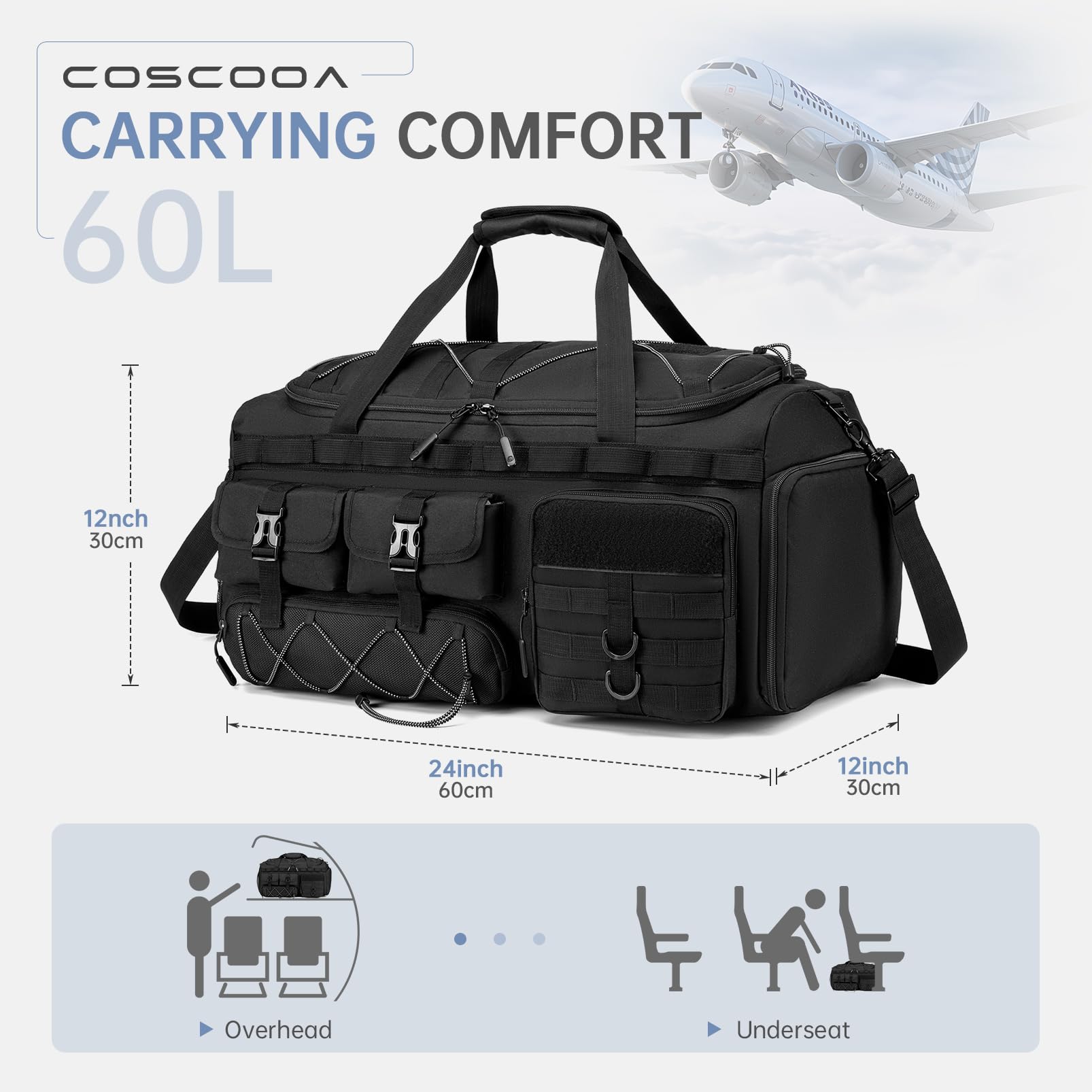 Turnbeutel für Herren mit Schuhfach, 50 l/60 l, taktische Reisetasche, 3-in-1-Handgepäcktasche, Reiserucksack, Wochenender, Übernachtungstasche für Workout, Fußball, Schwarz, Schwarz, 60L