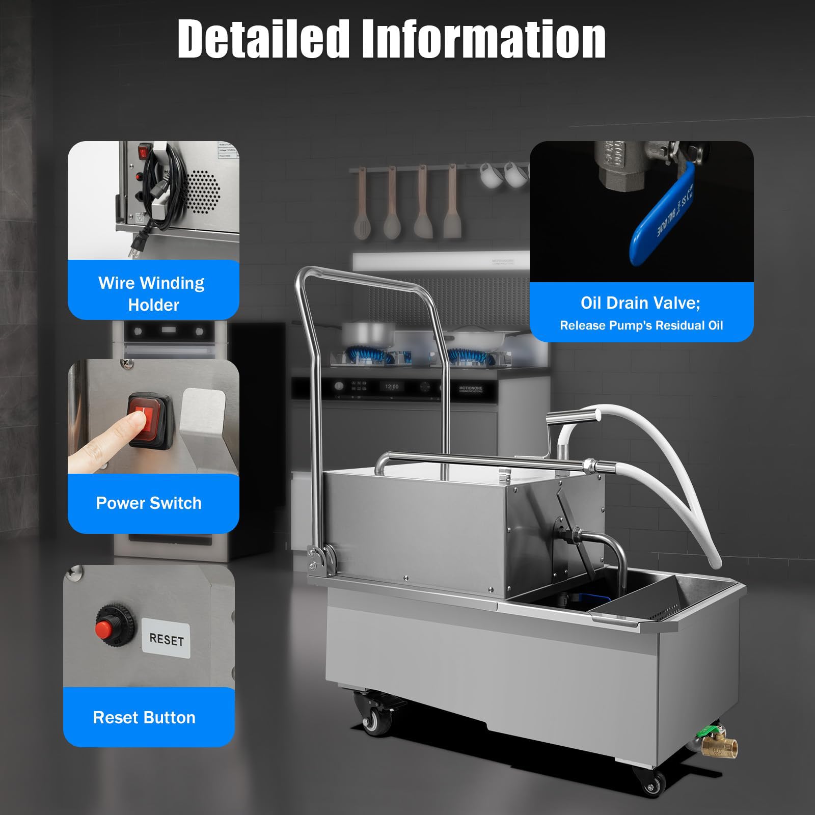 Máquina de filtro de freidora, máquina de filtro de aceite de acero inoxidable de 550 W, filtración de aceite móvil comercial de 55 litros, flujo de bomba de aceite de 8.45 galones/min, filtro de