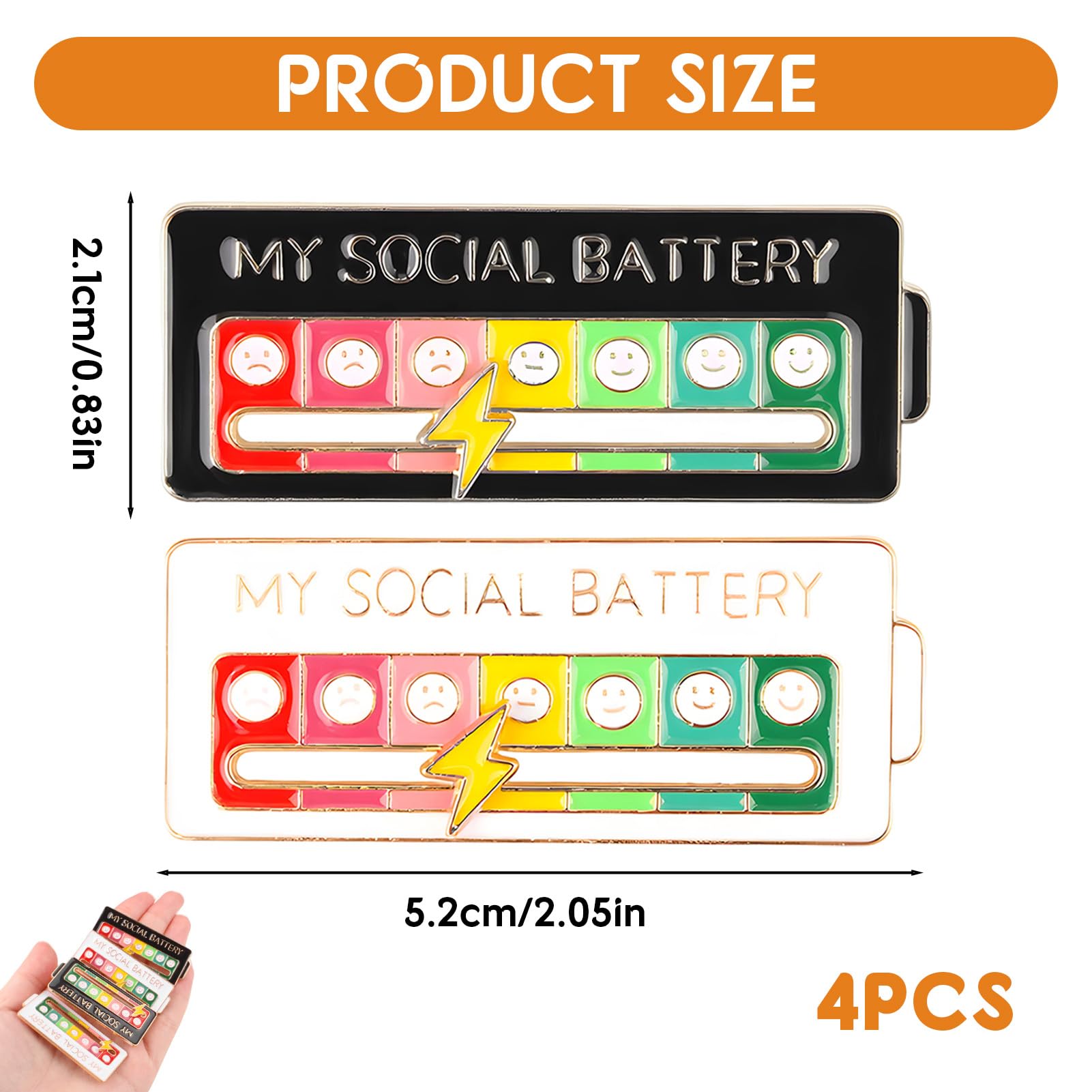 Social Battery Pin, 4 Piezas Pin de batería social, Broche para el Estado de ánimo Social 7 días, Agujas de Humor Interactivas