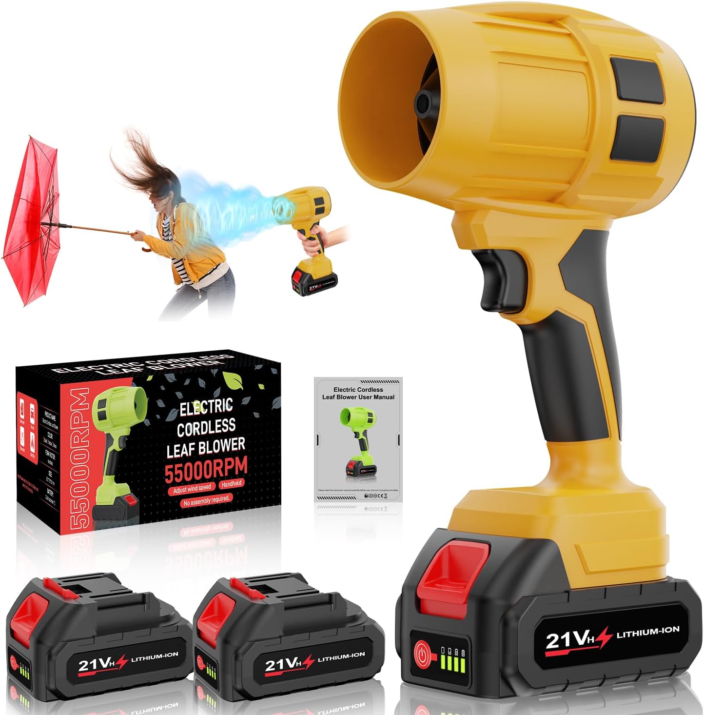 Leaf Blower Cordless with Battery, Turbo Jet Blower, 55000RPM Handheld Leaf Blower 2 X 4.0Ah Batteries for Lawn Care, Patio, Blowing Leaves, Snow Blowing (Yellow-001)