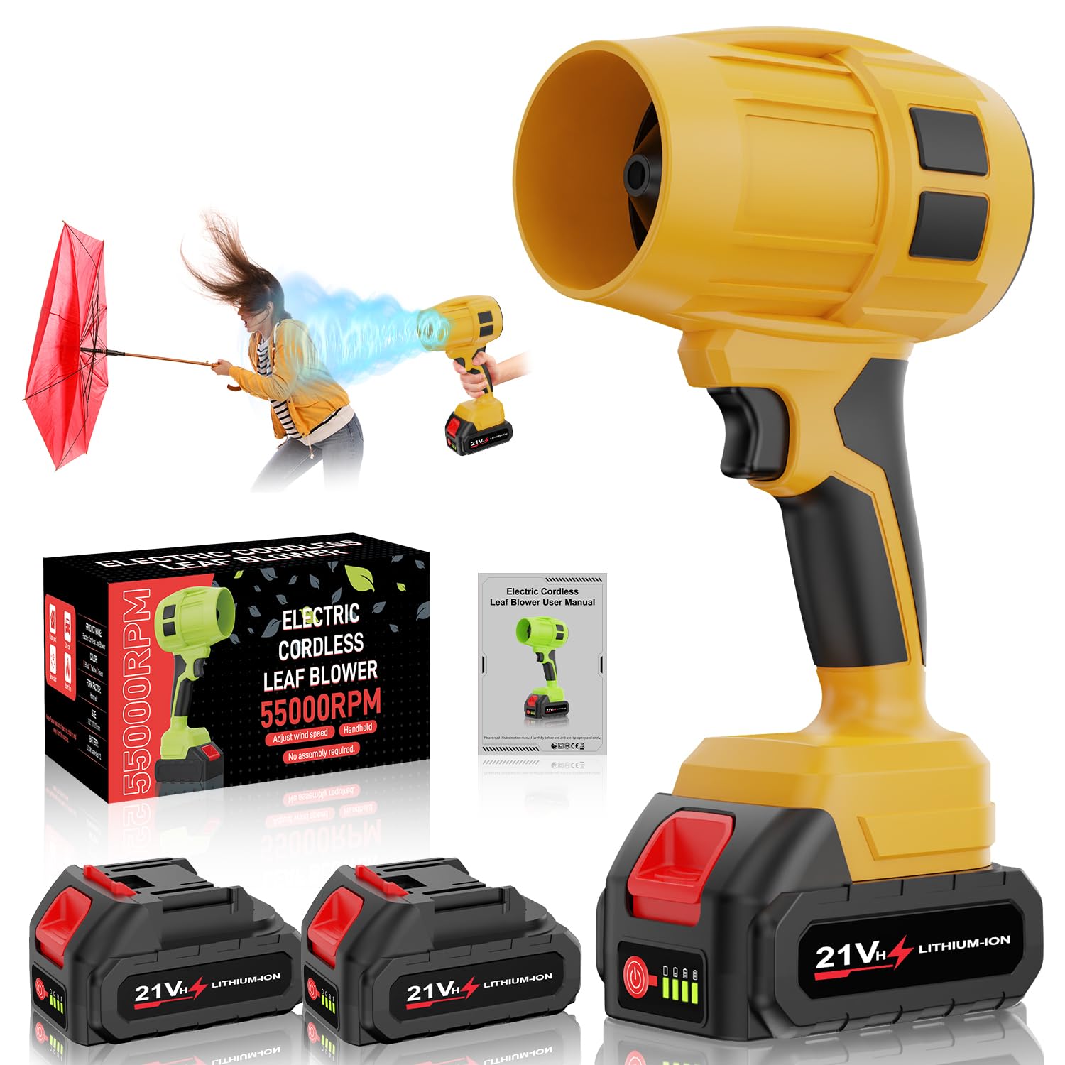 Leaf Blower Cordless with Battery, Turbo Jet Blower, 55000RPM Handheld Leaf Blower 2 X 4.0Ah Batteries for Lawn Care, Patio, Blowing Leaves, Snow Blowing (Yellow-001)