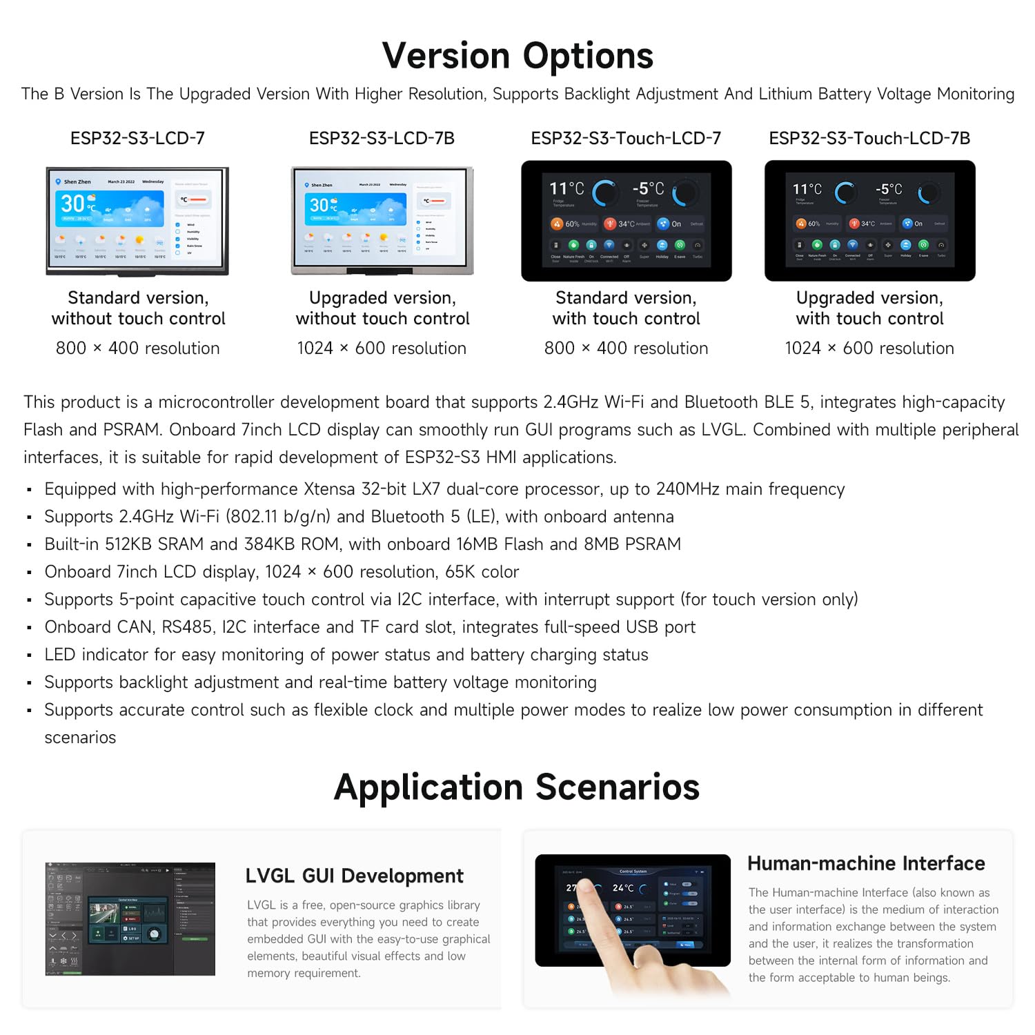 Waveshare ESP32-S3 Display 7inch LCD Development Board, 1024x600 Resolution, 32-bit LX7 Dual-Core Processor 240MHz, Wi-Fi & Bluetooth Support, Onboard Antenna, with Touch