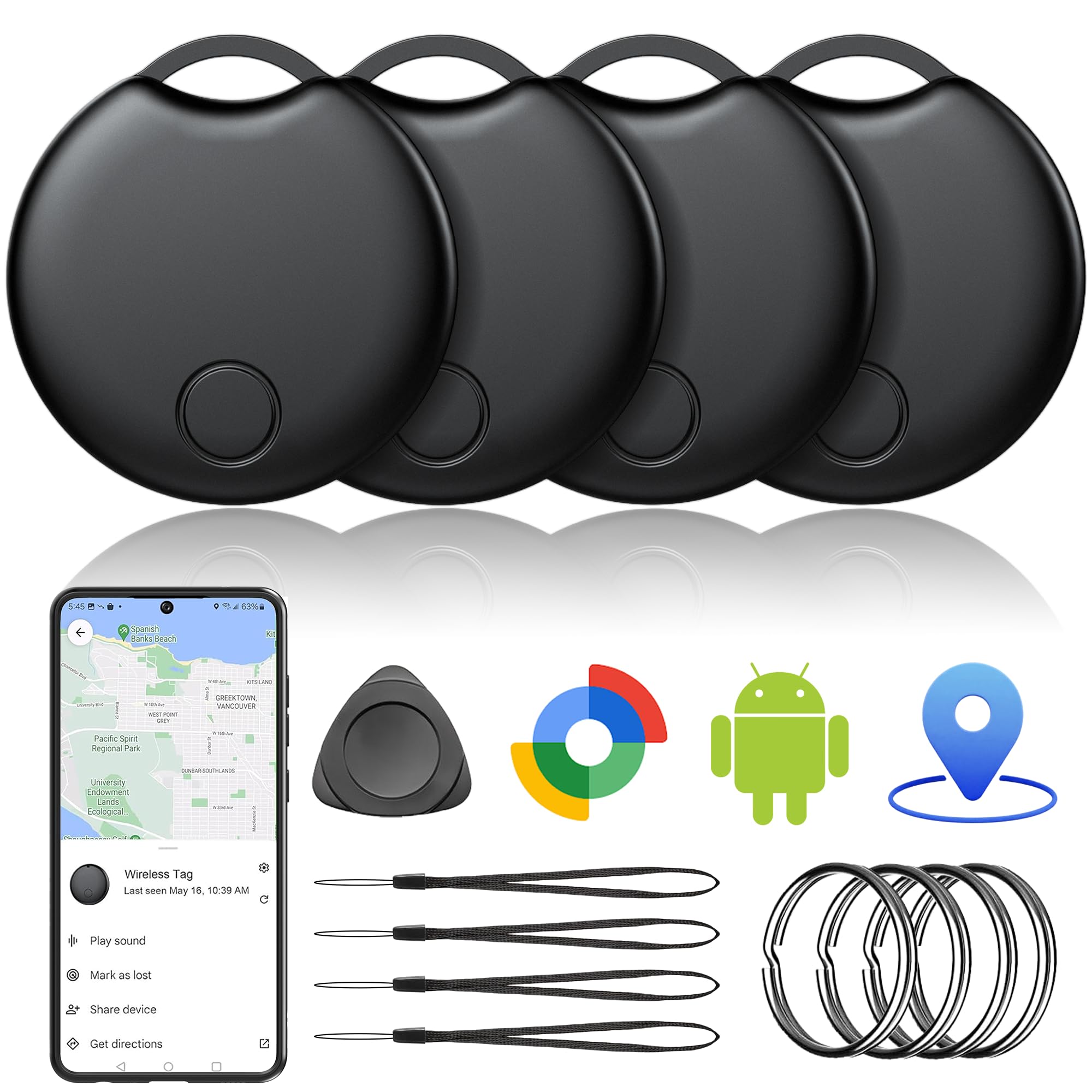 2026 Tracker Android Tag 4er Pack, Smart Tag kompatibel mit Google Find Hub (nur Android), Bluetooth Tracker für Schlüssel, Geldbörse, Fahrrad & Koffer, 1 Jahr Batterielaufzeit, austauschbare Batterie