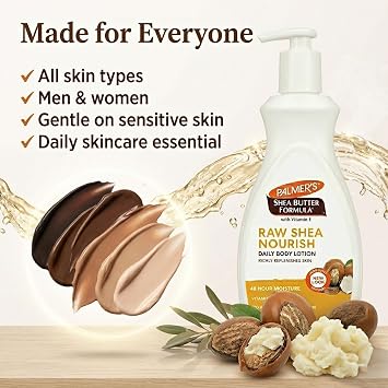 Palmer’s Shea Butter Raw Shea Nourish Daily Body Lotion 400ml with Bargainstore Spatula – Deep Moisturising Lotion with Vitamin E, 48 Hour Hydration for Dry Skin