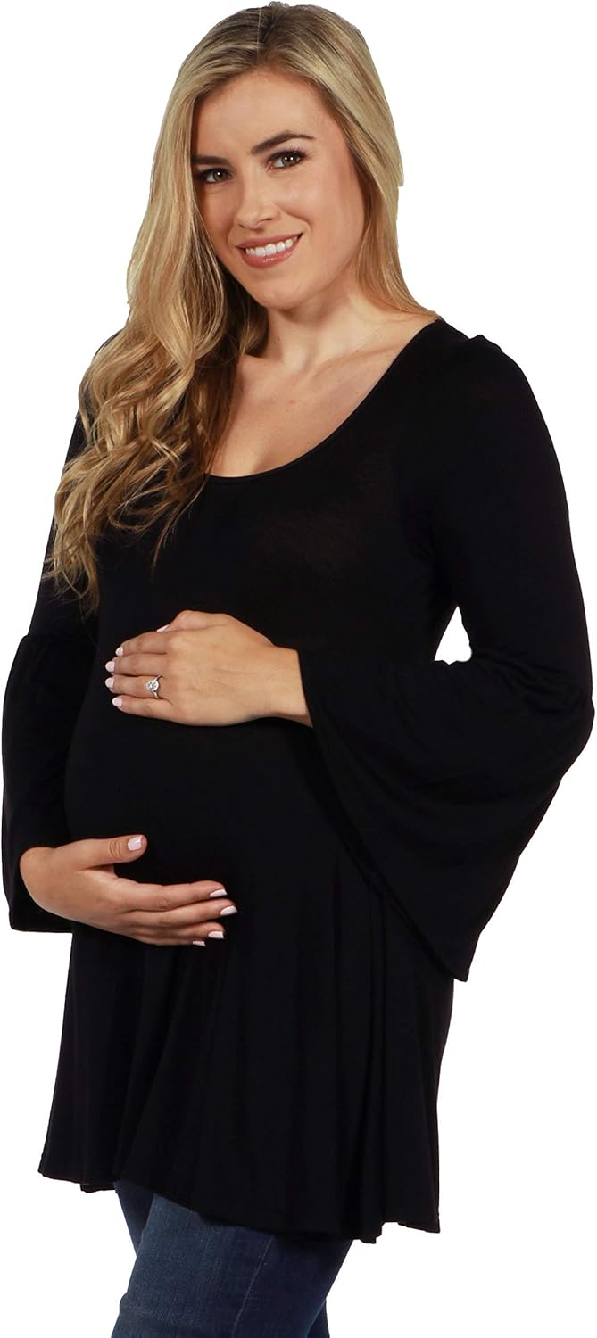 24seven Comfort Apparel Long Bell Sleeve Flared Maternity Tunic Top