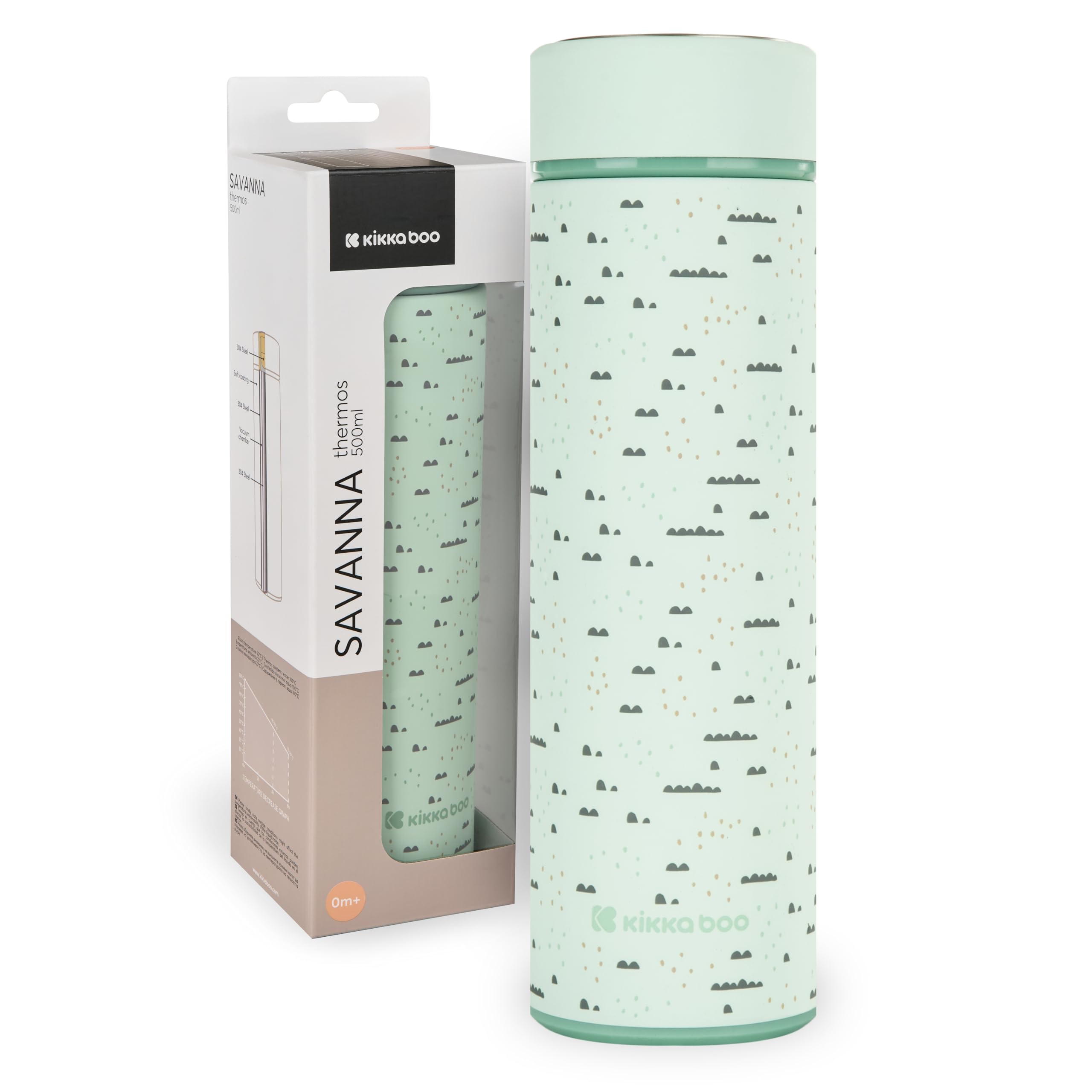 KikkaBoo Thermoskanne Baby Unterwegs SAVANNA, 500 ml Edelstahl, Lekfrei mit Teesieb, Für Heiße und Kalte Getränke, Isolierflasche für Unterwegs, Minze