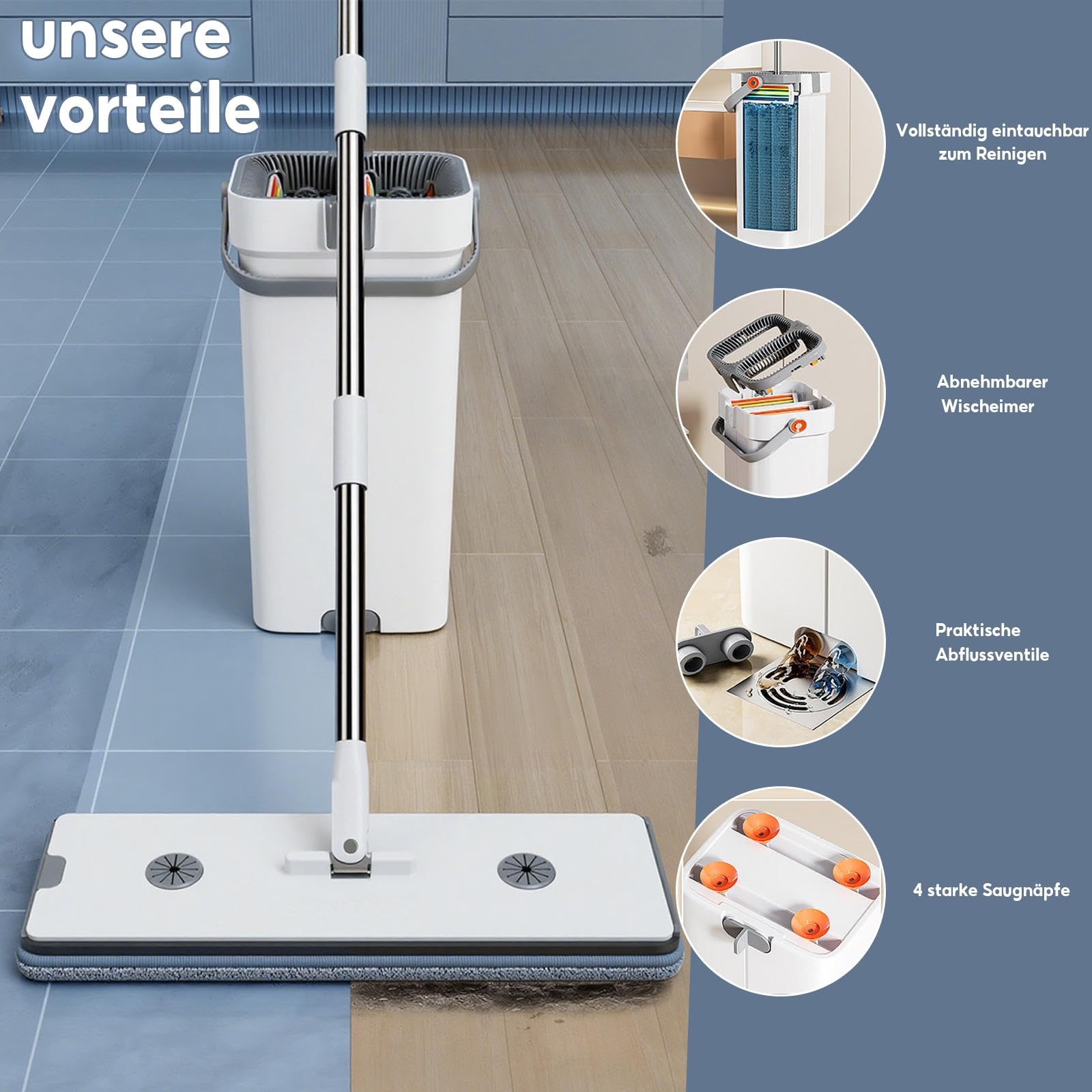 MOPUP Set di mocio con secchio: secchio di pulizia (incluso mocio e 4 testine in microfibra), set di mocio con manico in acciaio inox lungo 135 cm e raschietto con funzione strizzante, adatto a tutti