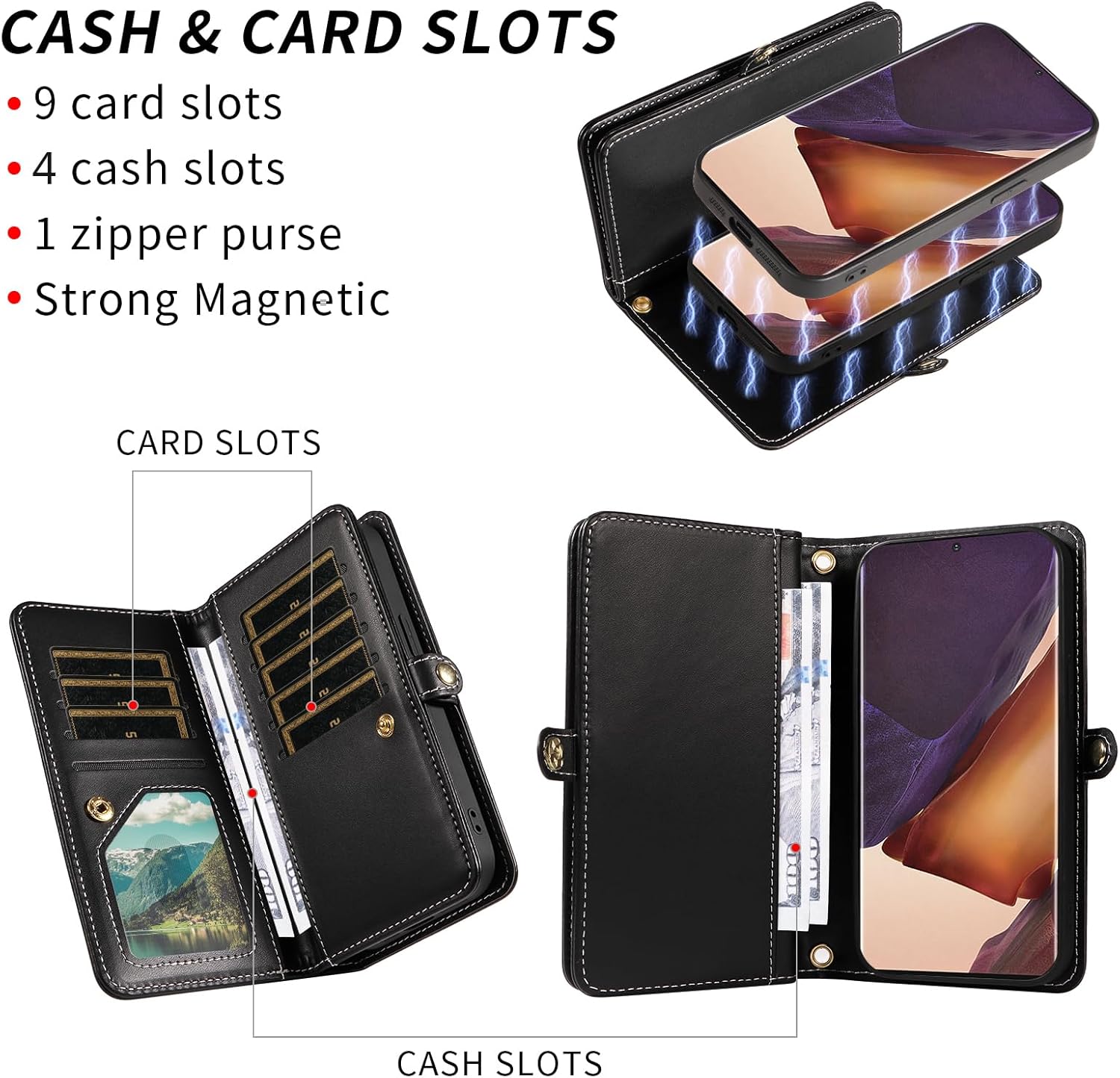 Phone Case for Samsung Galaxy Note 20 Ultra 5G Zipper Wallet Detachable Cell Cover with Screen Protector Crossbody Strap Bling Flip Credit Card Holder Note20 Plus Notes 20Ultra Note20+ U + Women Black