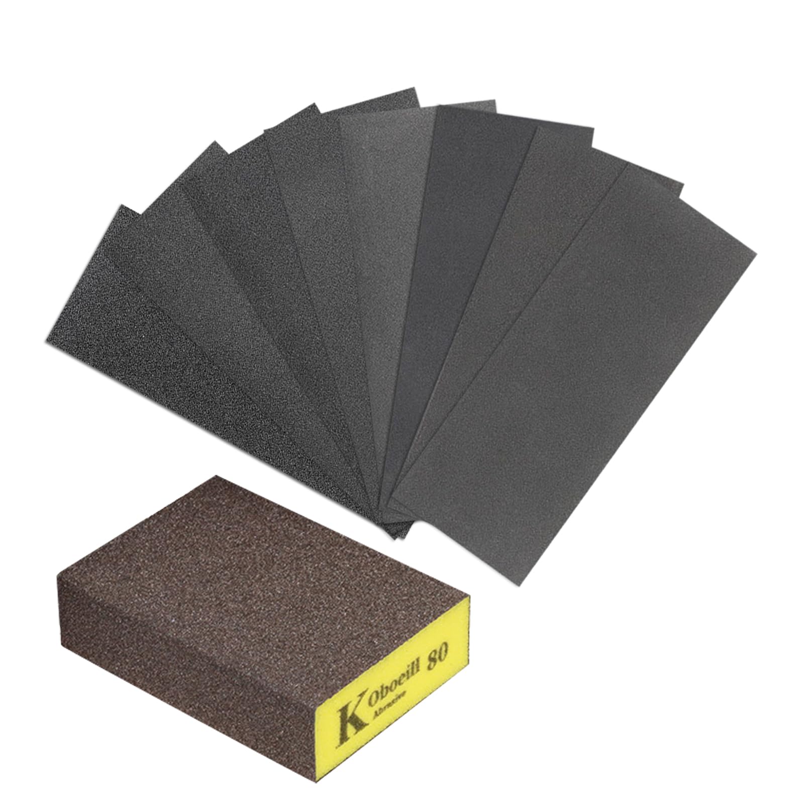 QGK Set di carta vetrata e spugna per la lavorazione del legno e dei mobili, 8 pezzi di grana fine 80#-1000# assortimento di fogli abrasivi 9x3,8 pollici, 1 pezzo 500#-600# spugna abrasiva